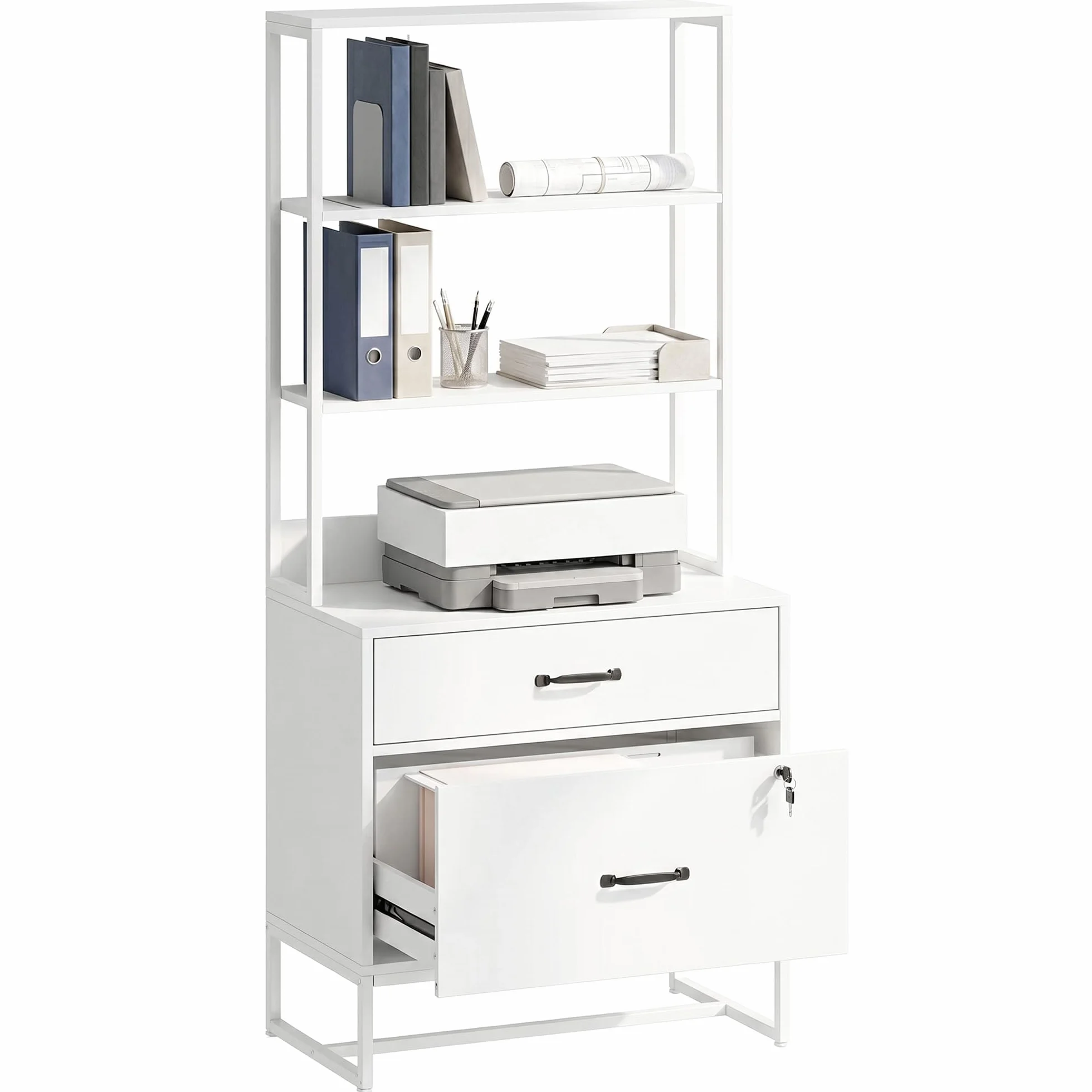 HOMCOM Cajonera Escritorio con Estantería, Mueble Archivador con 2 Cajones, Encimera para Impresora, Cerradura, para A4 Letter Legal, para Oficina, Estudio, Blanco