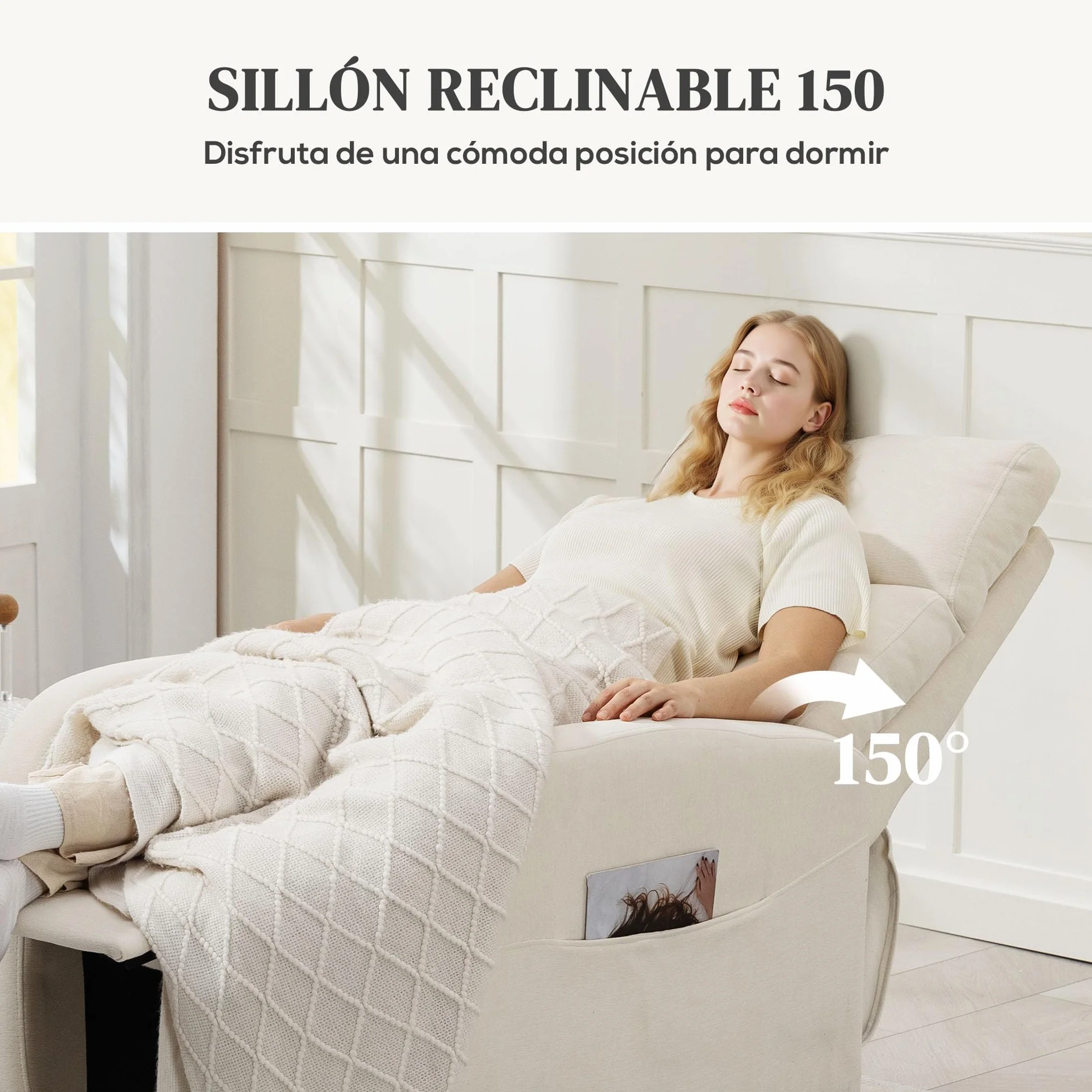 HOMCOM Sillón Relax Reclinable Manual Sillón Relax Tapizado en Lino Sintético con Reposapiés y Bolsillo Lateral Carga 135 kg Sillón Reclinable para Dormitorio Oficina Crema