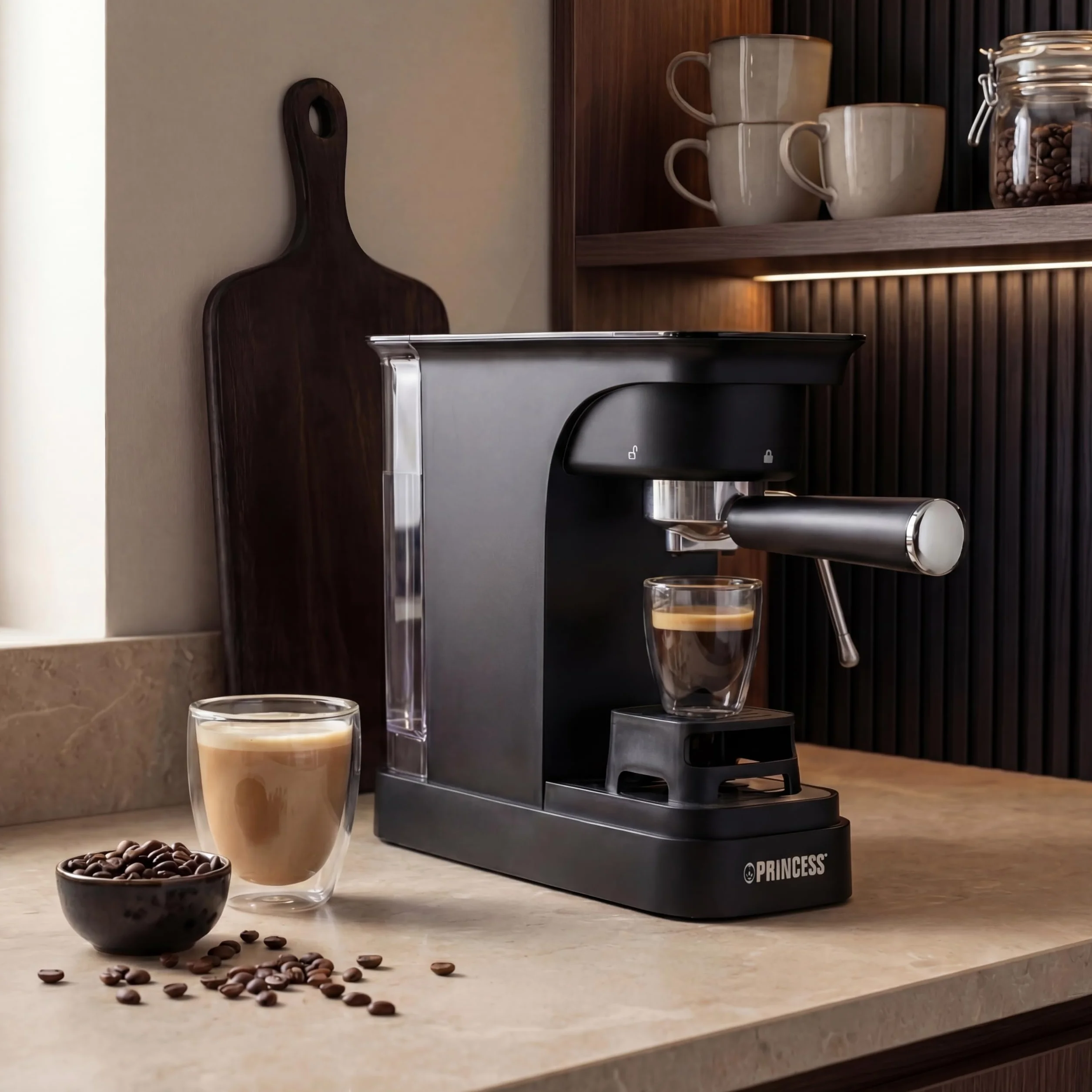 Princess Espresso Machine, Bomba de 20 Bar, Depósito de Agua de 0,8 l, Para Café Molido y Cápsulas ESE, Diseño Compacto, Negro, 01.249421.01.001
