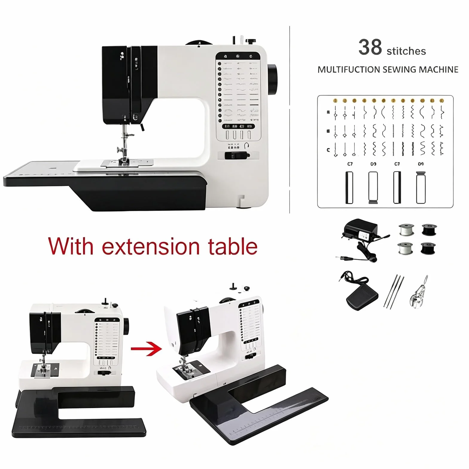 Máquina de coser industrial Overlock con 38 puntadas integradas, luz LED y mesa de extensión para tela gruesa, ideal para principiantes y profesionales