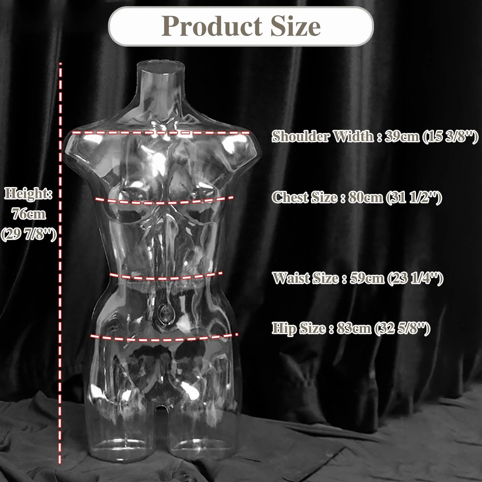 Maniquí de torso femenino de plástico transparente, forma rígida de medio cuerpo para exhibición de ropa con perchero