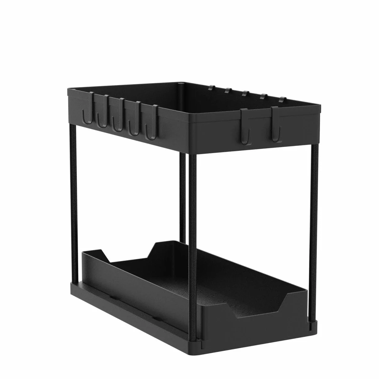 Organizador Cocina 2 Niveles para Debajo del Fregadero - Estante Almacenamiento Extraíble con 16 Ganchos, Negro