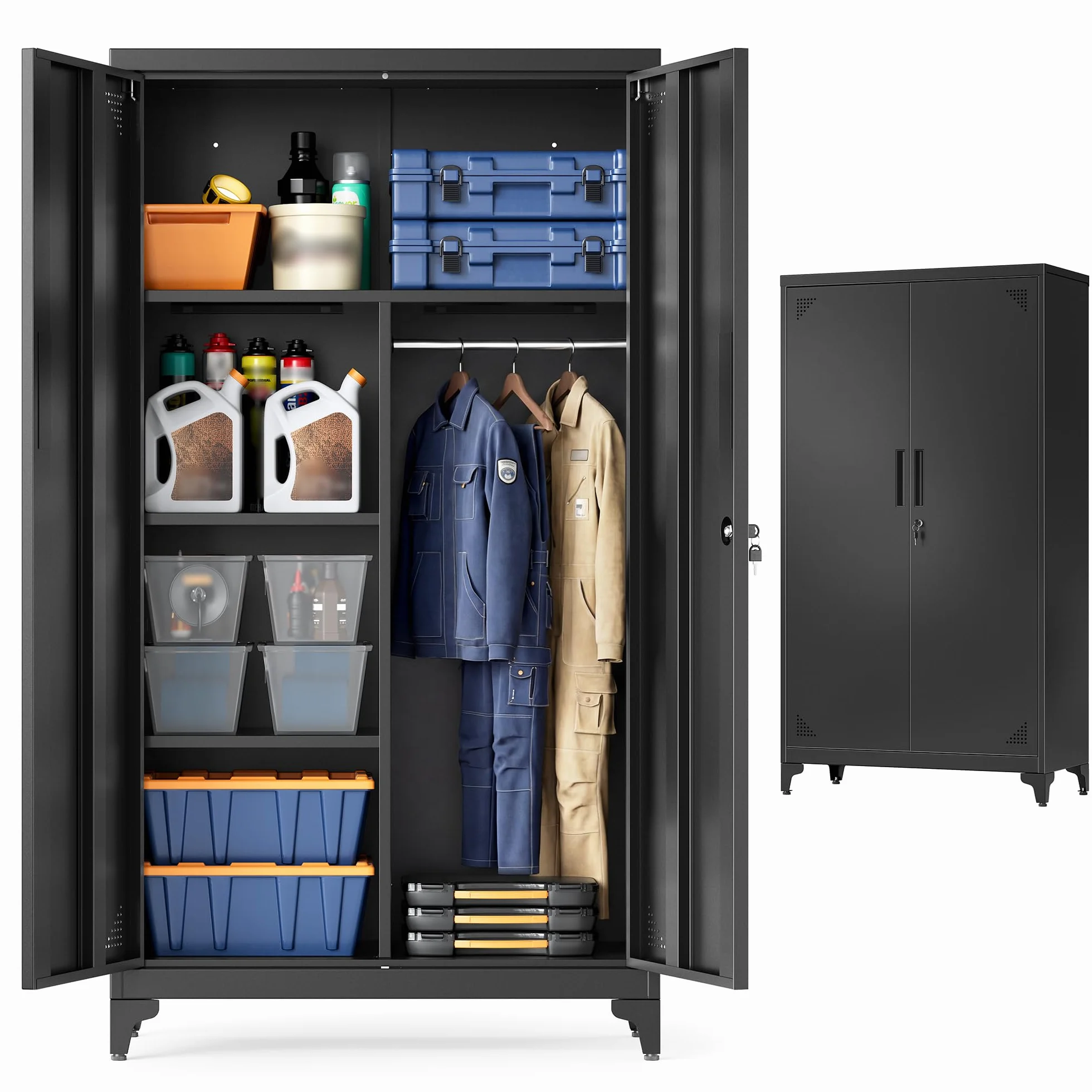 SONGMICS Armario, Mueble de Almacenamiento Metálico, con 2 Puertas, 5 Compartimentos, Barra para Perchas, con Cerradura, Patas Altas, 80 x 40 x 165 cm, Negro Mate OMC018BD01