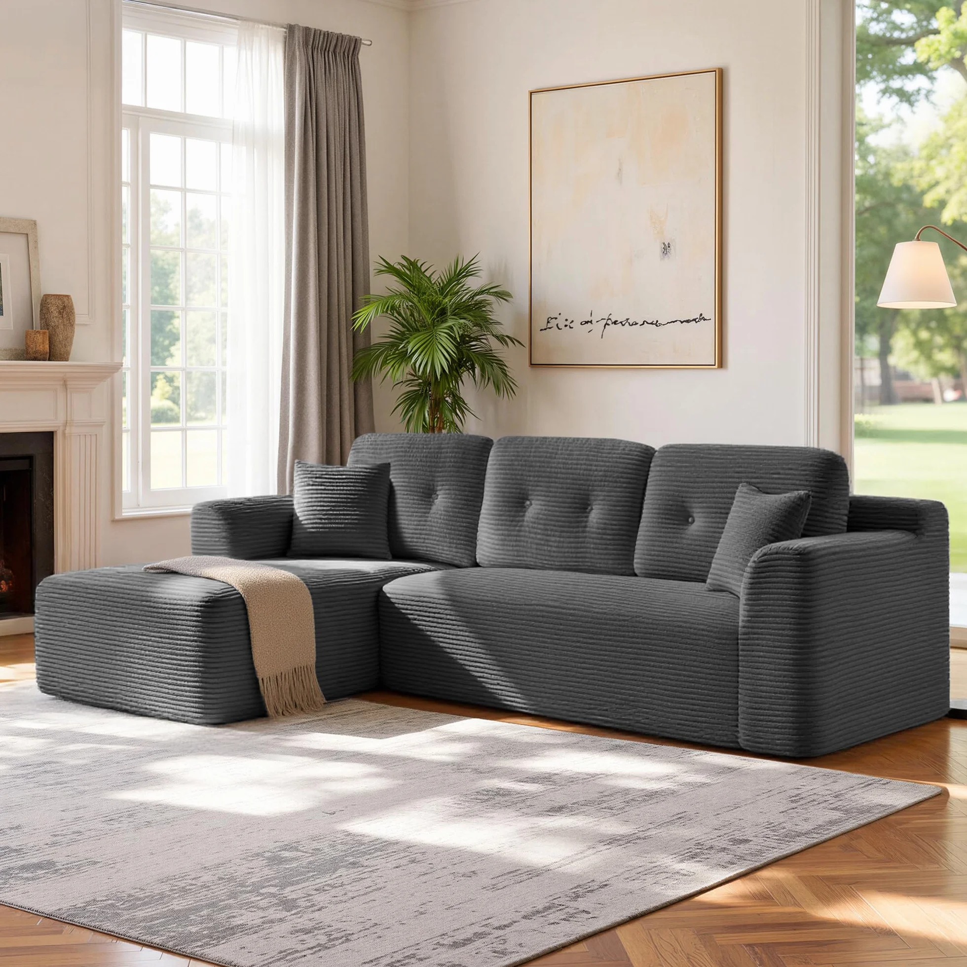 VASAGLE Sofá Esquinero, Sofá Modular de 244 cm, Entrega Compacta, Sin Montaje, con Gran Chaise Longue a la Izquierda, para Salón o Habitación de Invitados, Gris Pizarra LCS183GN01