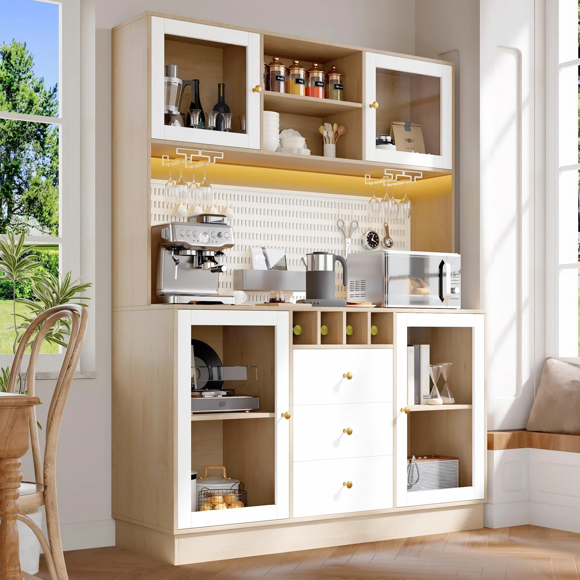 Alacena de Cocina Aparador Alto Moderno con LED y Placa Perforada, Armario Cocina con Botellero, Mueble Auxiliar Aparadores, 3 Cajones y 4 Puertas, Dispositivo Antivuelco, 140x40x185.7 cm,Blanco