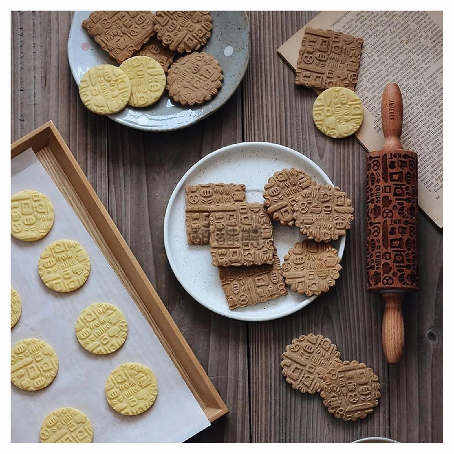 Rodillo, Grabado en relieve de madera for hornear, for hacer galletas, cortezas, pasteles, pastelería, arcilla