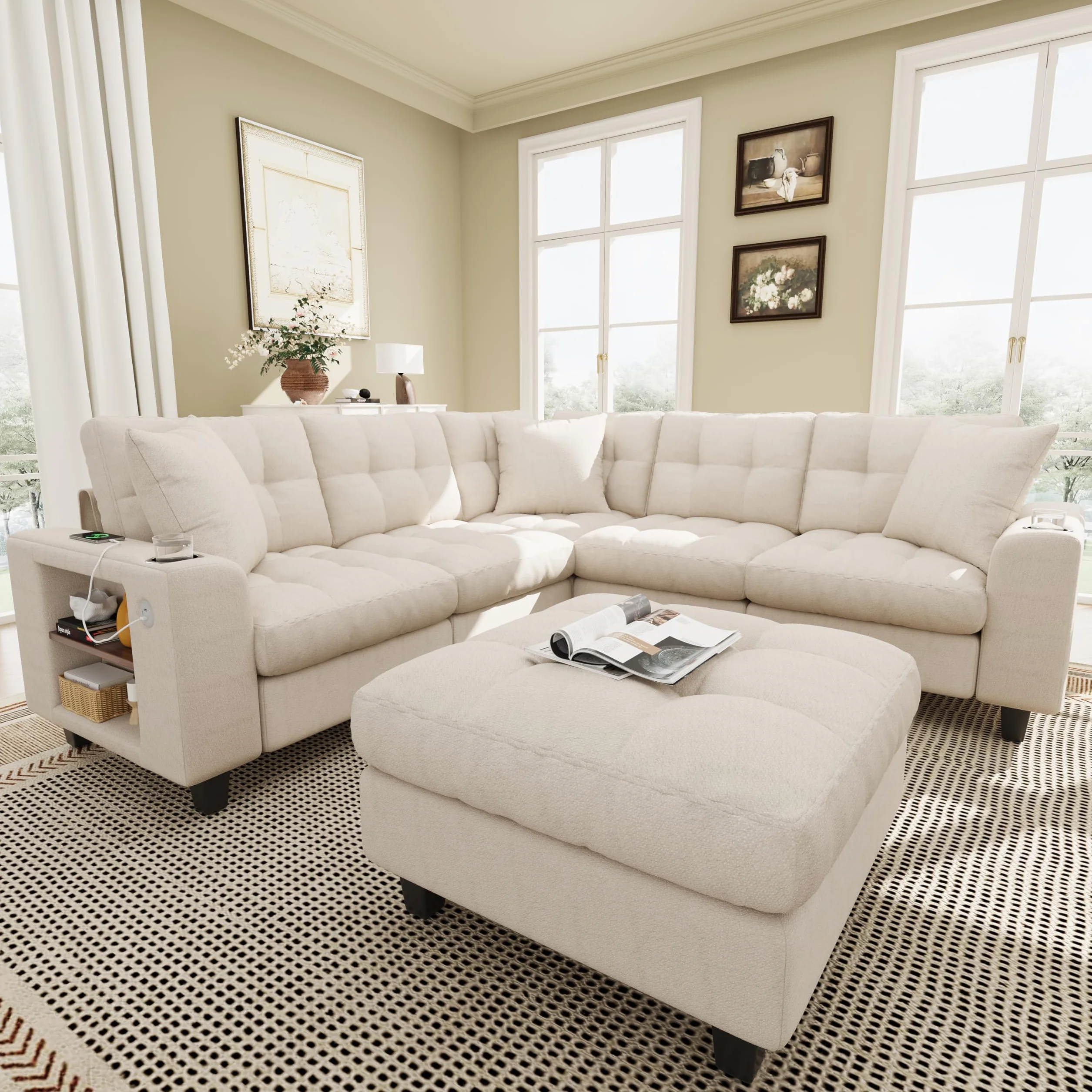Sapgaks Sofá modular moderno de 6 plazas, con USB y portavasos, sofá de esquina modular muy grande en forma de U/L, con reposapiés extraíble y apoyabrazos con estantería, tela de chenilla, beige