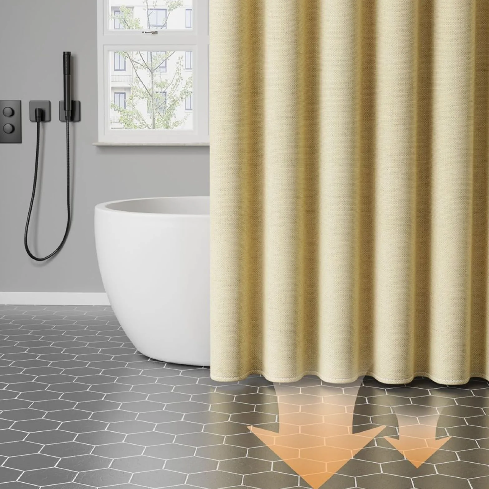 Cortina de ducha impermeable de lino estructurada antimoho tela lavable cortina de ducha para ducha de esquina bañera pequeña beige 80 x 180 cm
