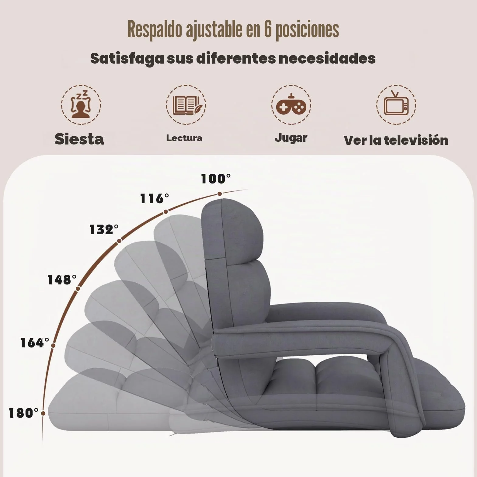 RELAX4LIFE Sillón Plegable de Suelo Ajustable en 6 Posiciones, Sofá Suelo de Tela de Gamuza, Sillón Perezoso con Respaldo, Reposabrazos y Marco Metal para Sala de Estar, Dormitorio, Balcón (Gris)