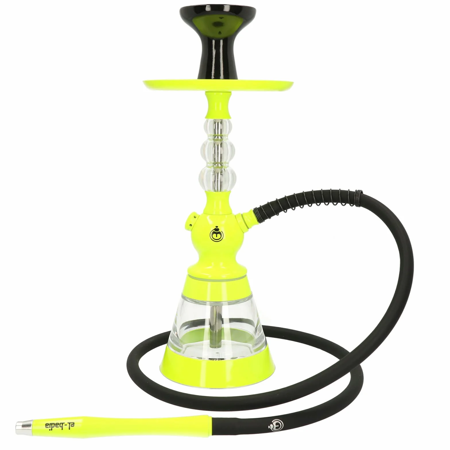 Shisha EL-BADIA CELESTE - 45 cm - Cachimba ligera con jarrón acrílico, manguera de silicona, mango de metal y fooyer Phunnel - Diseño iónico y colores de moda (Acid Yellow)