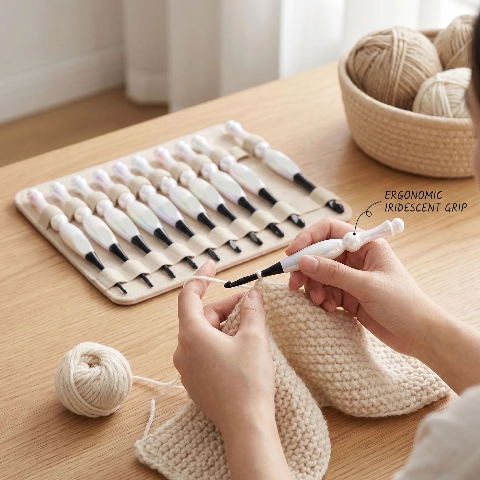Zhjvihx Juego de 10 Agujas de Ganchillo, Ergonómico con Bolsa de Almacenamiento Beige, Ganchos Extra Largos para Tejer Decoración del Hogar, Kit Completo de Ganchillo para Principiantes