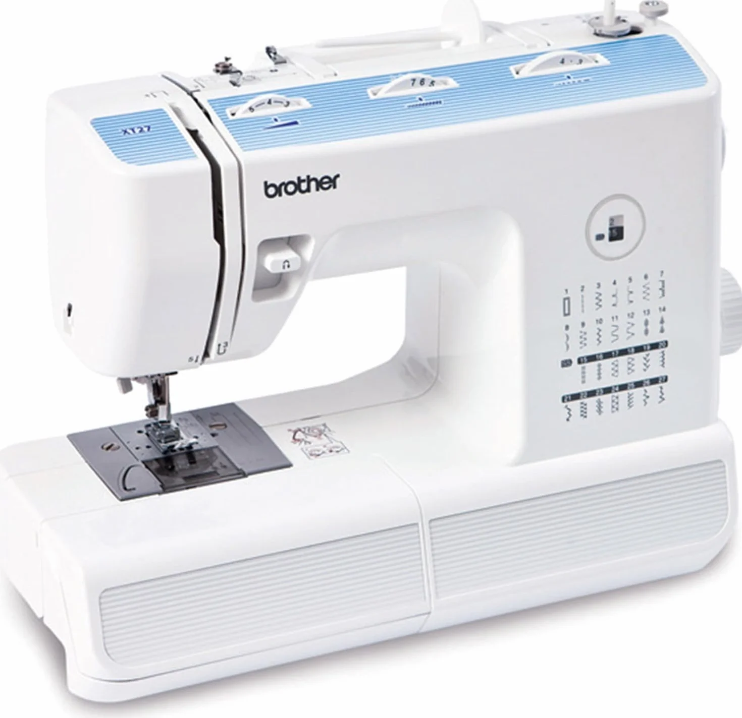 Brother XT27VP2 - Máquina de coser mecánica (25,80 x 37,50 x 48 cm), color blanco y azul