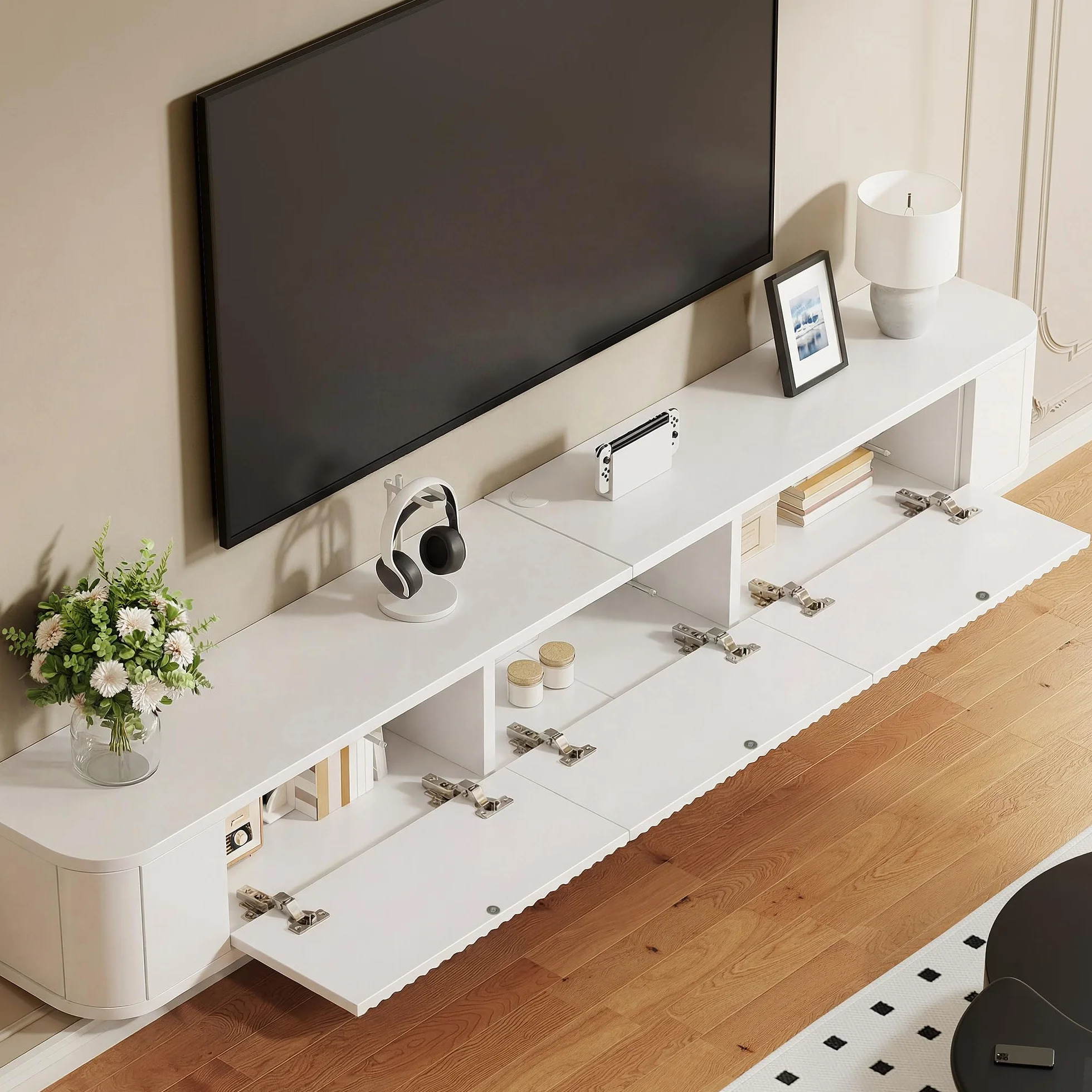 YITAHOME Soporte Flotante de TV de 180 cm, estantes de TV montados en la Pared con luz LED RGB, Consola Multimedia de TV Blanca de Alto Brillo, Armario de TV Flotante de Gran Almacenamiento para Sala