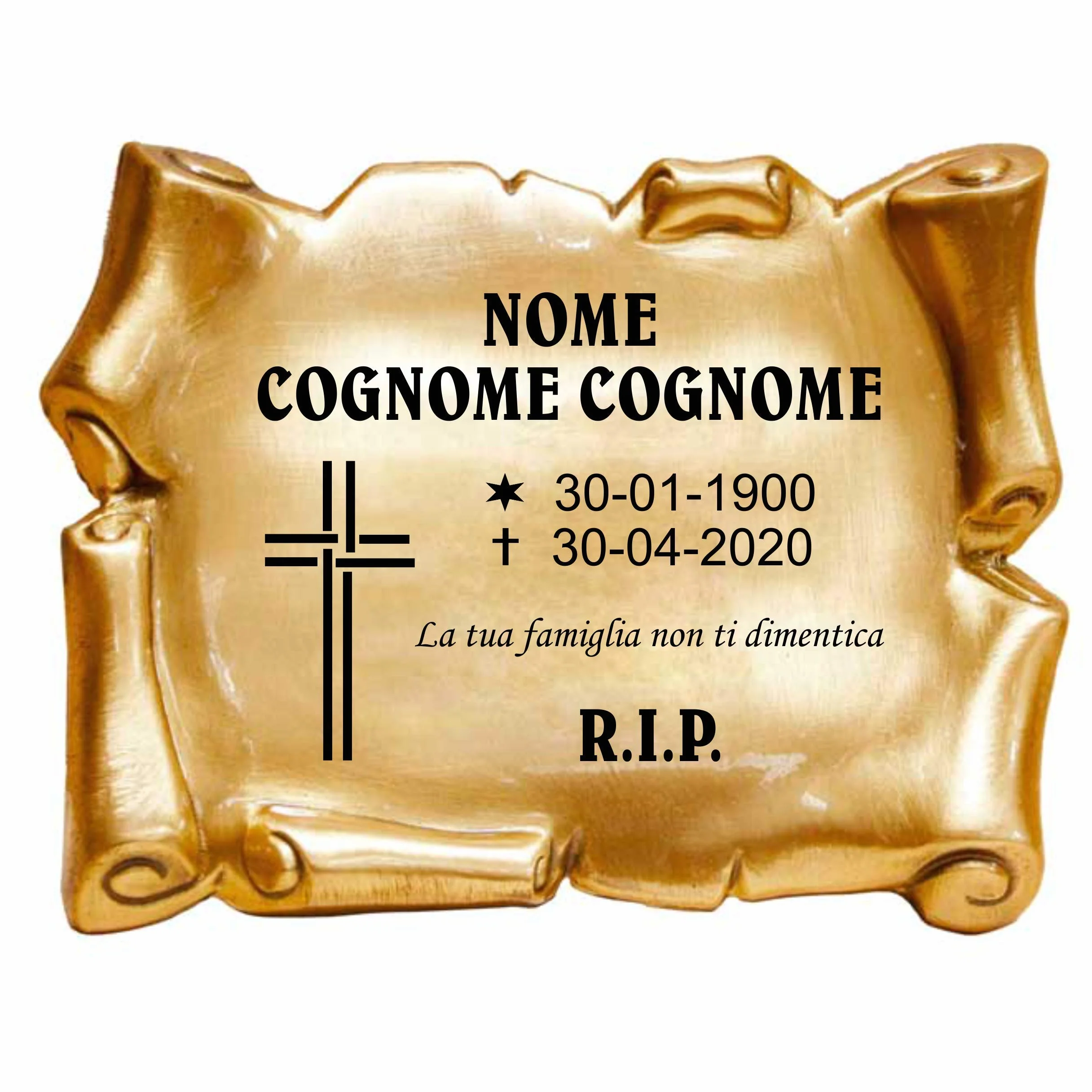 Placa Grabada para Cementerio | Pergamino con Relieve y diseño Cruz | Placa Conmemorativa de Latón con Acabado en Bronce | Tamaño 20 x 15 cm