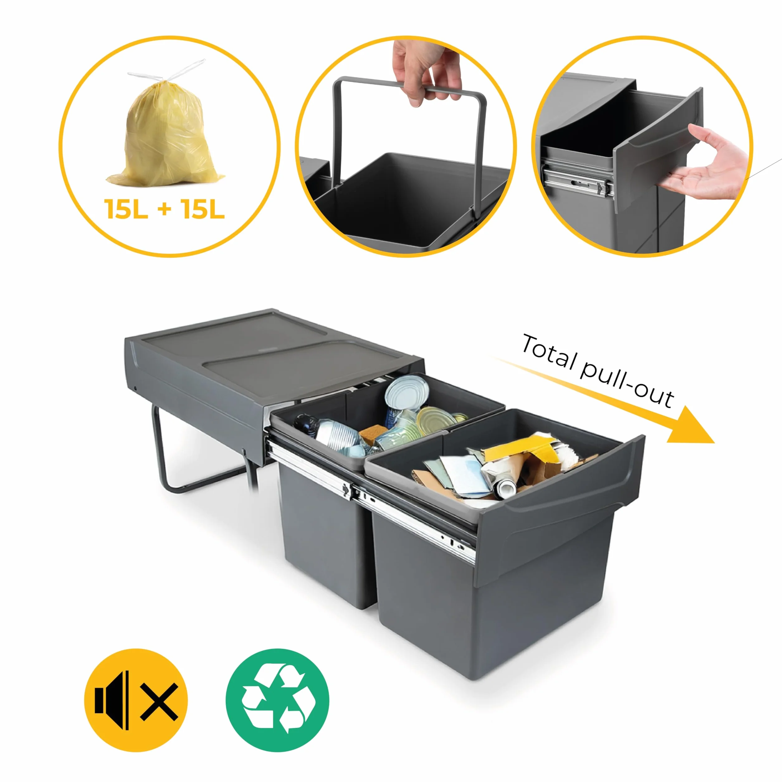 EMUCA - Cubos de Basura bajo Fregadero con fijación Inferior para Cocina, 2 contenedores de Reciclaje extraibles, Capacidad Total 30L (2 x 15 L), Acero y plástico, Gris Antracita.
