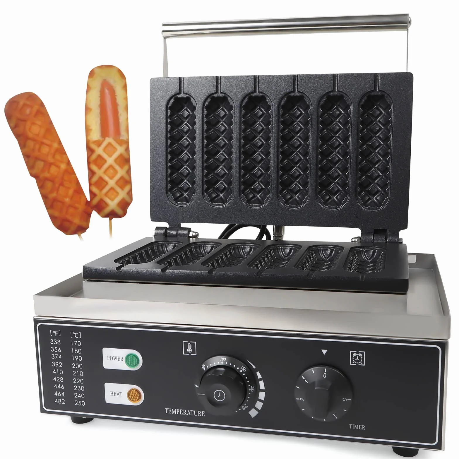 Gofrera profesional de acero inoxidable, 1500 W, gofres profesionales en el palo, para gofres en el mango, 6 gofres/perros calientes en 5 minutos