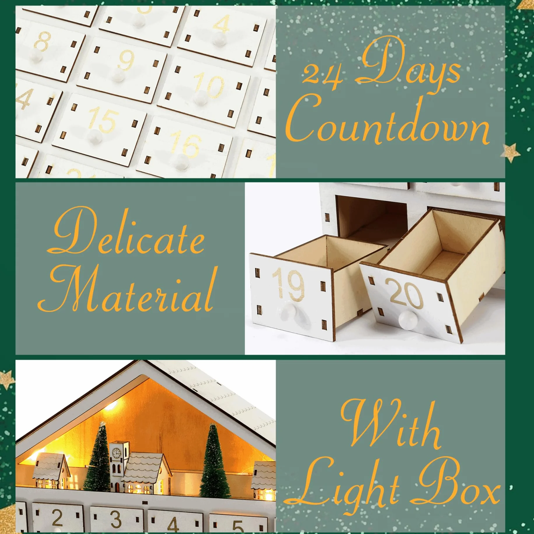 Calendario de Adviento de madera con 24 cajones y luces LED - Calendario de cuenta regresiva de Navidad vacío y reutilizable para llenar usted mismo (sin batería) - Adviento de bricolaje