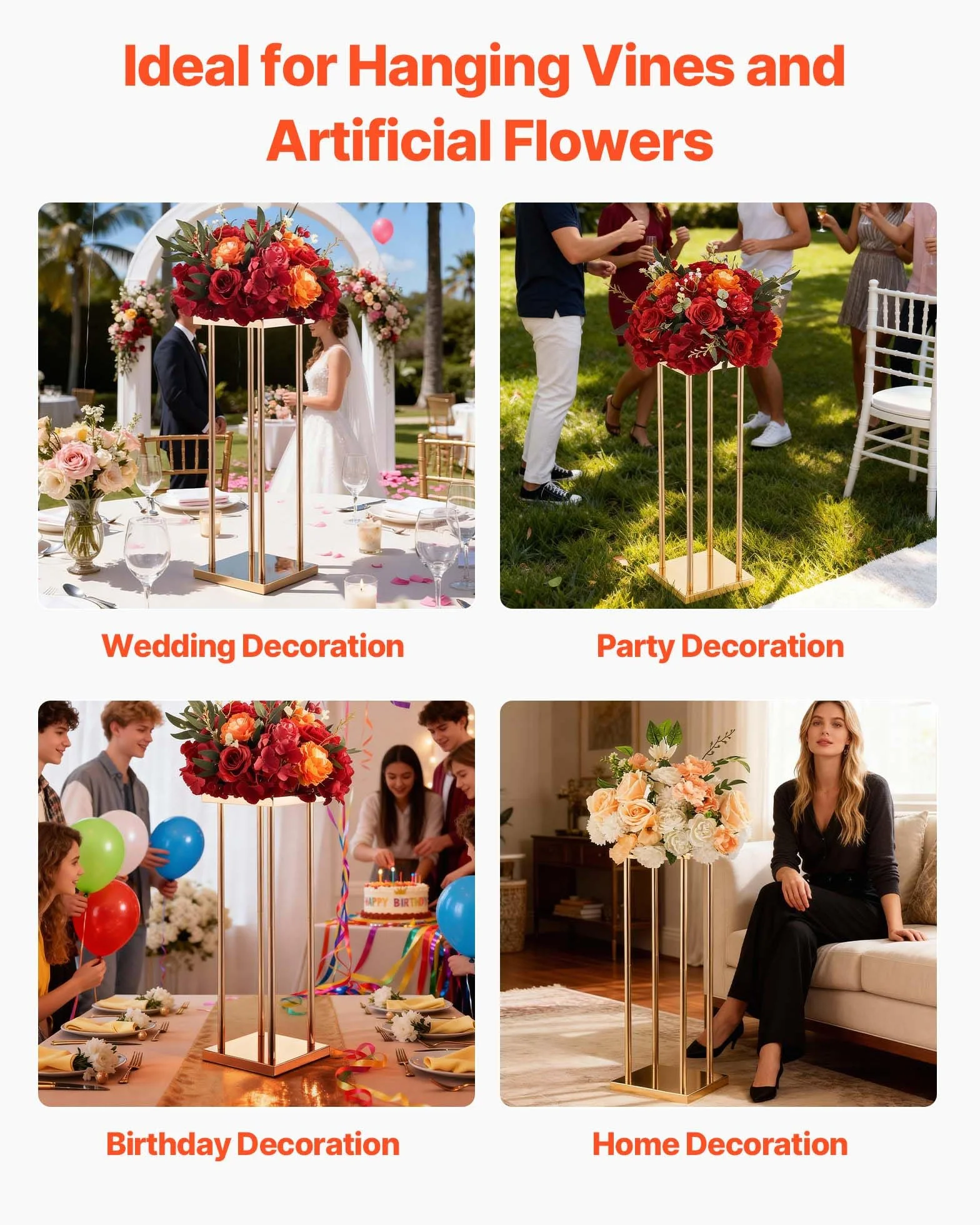 VEVOR Soporte Floral para Bodas, en Forma de Columna, con Laminado Metálico, Ideal para Bodas, Fiestas, Cumpleaños y el Hogar, Soportes Dorados Francés para Centros de Mesa, 200 x 200 x 600 mm, 10 uds
