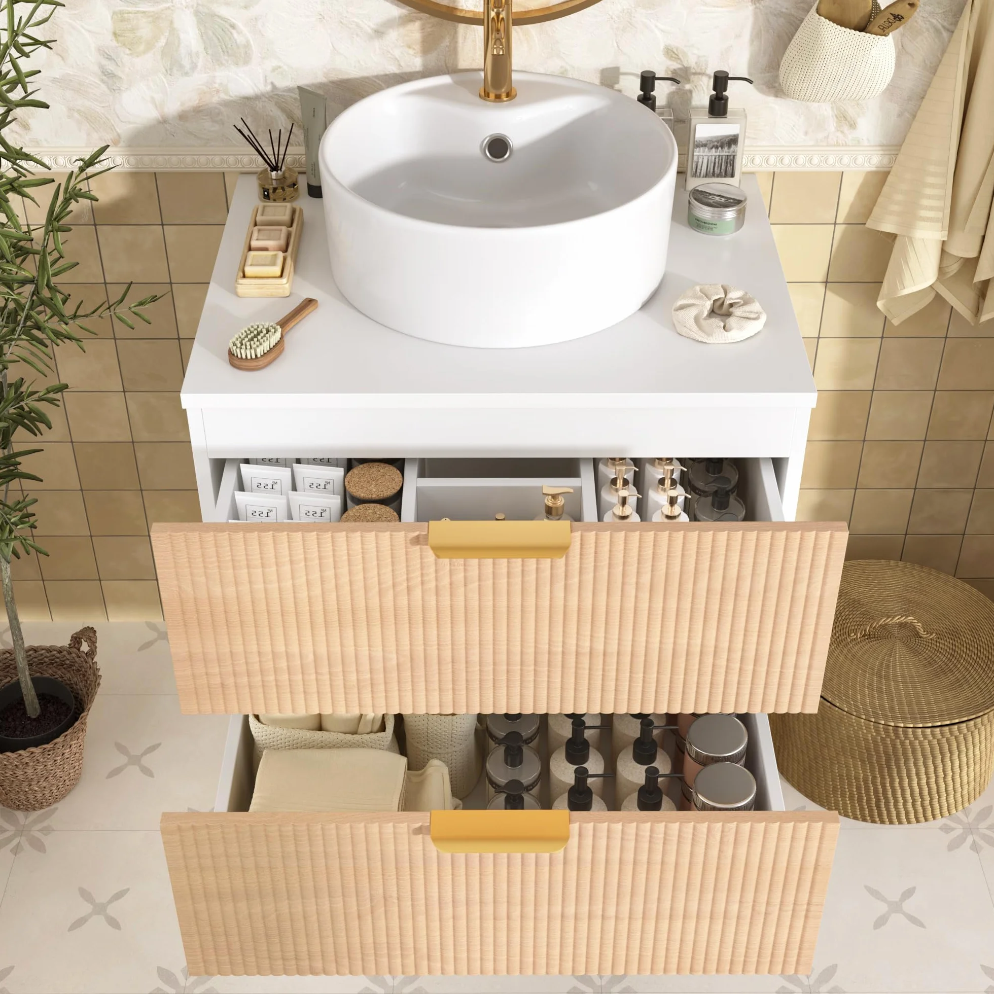 Mueble de baño redondo de cerámica de 60 cm montado en la pared con cajones de madera con diseño de rayas, tablero MDF, capacidad de almacenamiento: 2 cajones + encimera, madera natural