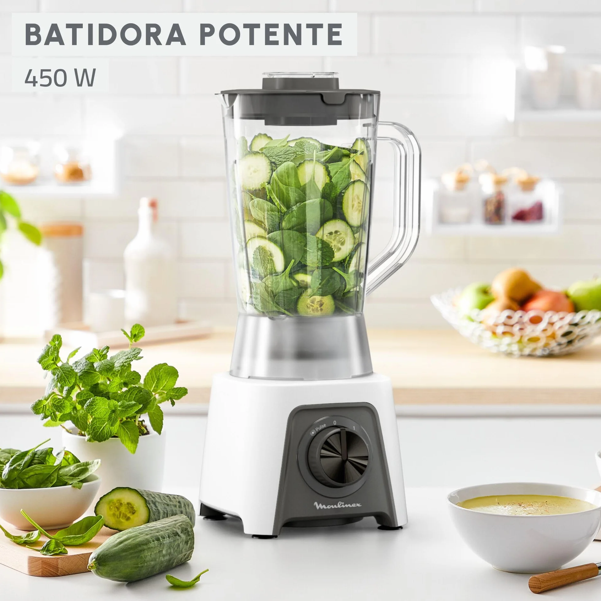 Moulinex Blendeo+, Batidora de vaso de 450 W, Jarra de 1,5 L, 2 velocidades + función Pulse, Pica hielo, Duraforce Label, Sistema de bloqueo inteligente, Cuchillas extraíbles, Blanca, LM2C0110