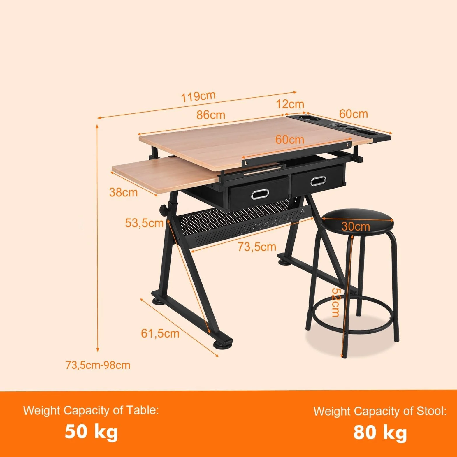 LIFEZEAL Mesa de Dibujo Regulable en Altura, 119x61,5x73,5-98 cm, Juego de Escritorio de Dibujo con Taburete para Artistas, Mesa de Arquitecto con Tablero Inclinable (Natural)