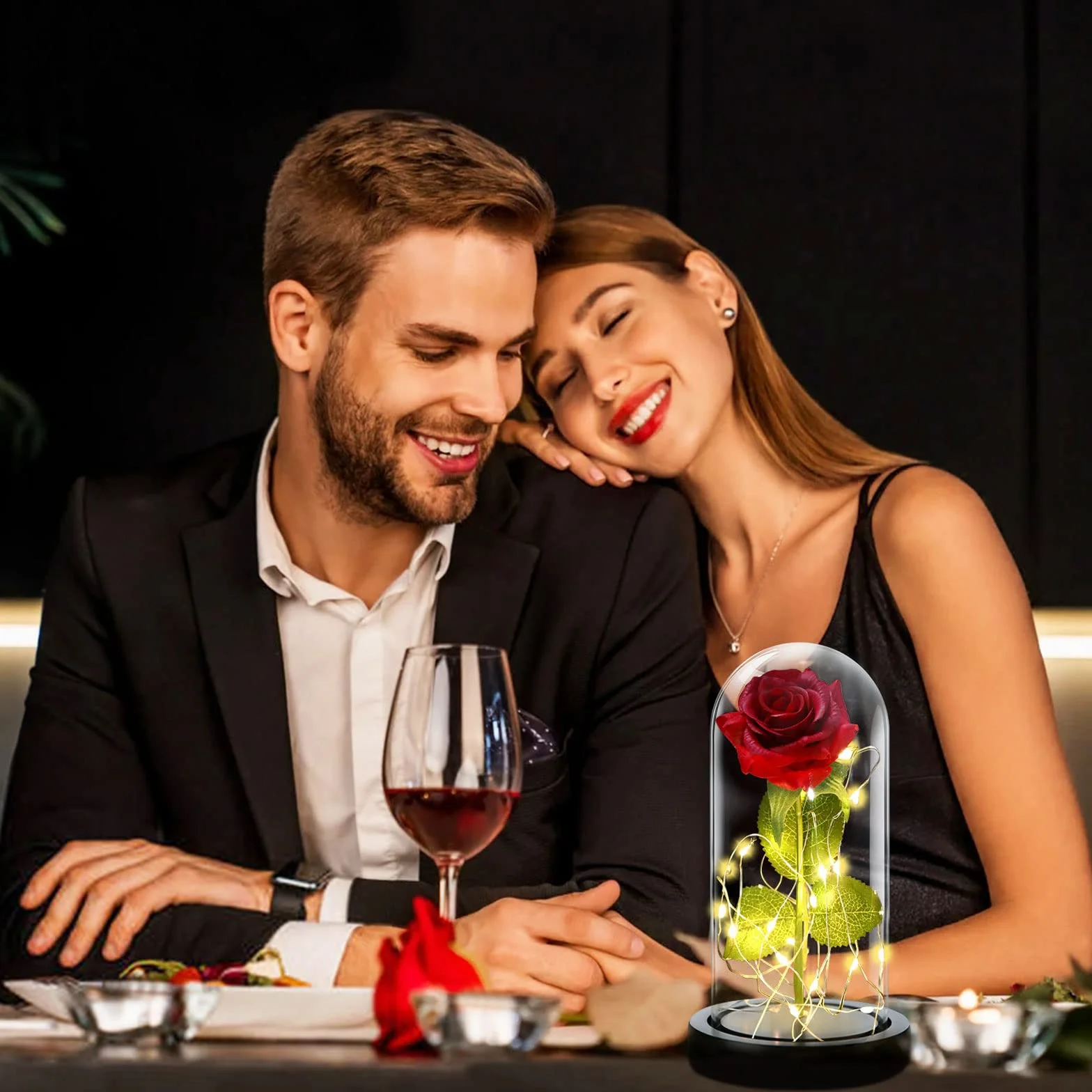 Rosa Eterna Kit Elegante con Cúpula de Cristal Base Pino Luces LED Tarjeta de Felicitación Bella y Bestia