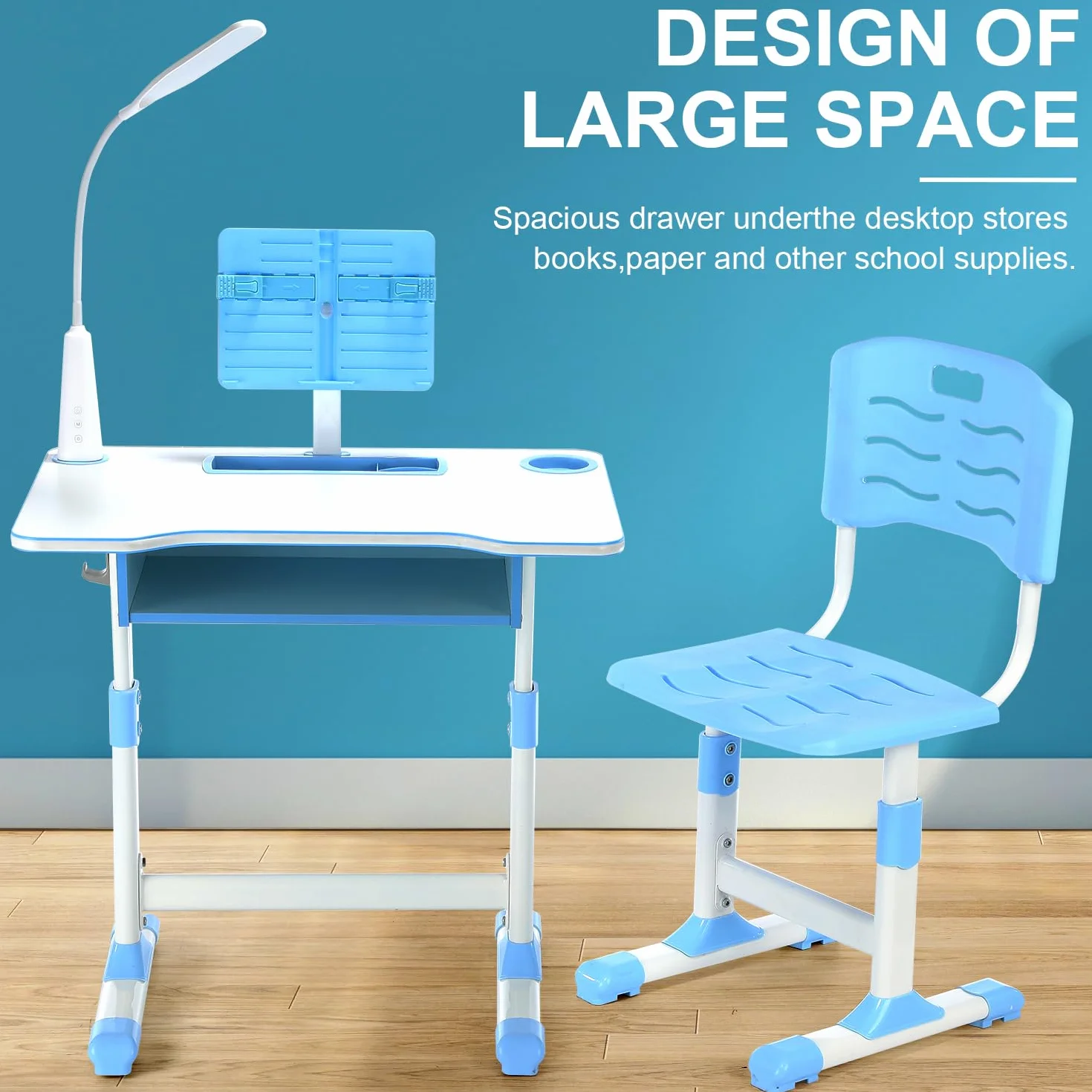 Mesa y Silla Infantil Regulables en Altura, Escritorio con Cajón, Lámpara LED, Silla Ergonómica, para Estudio desde 6 años