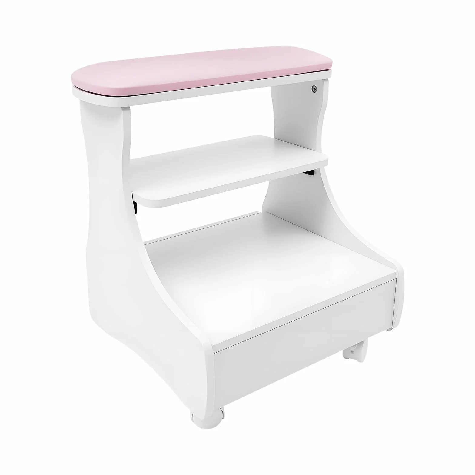 Taburete pedicura con ruedas, mueble de baño de pies multifuncional, con cojín cómodo, cajón extraíble de 20 kg, 4 ruedas, freno para casa, salón de belleza, rosa blanca, 52 x 41 x 55 cm