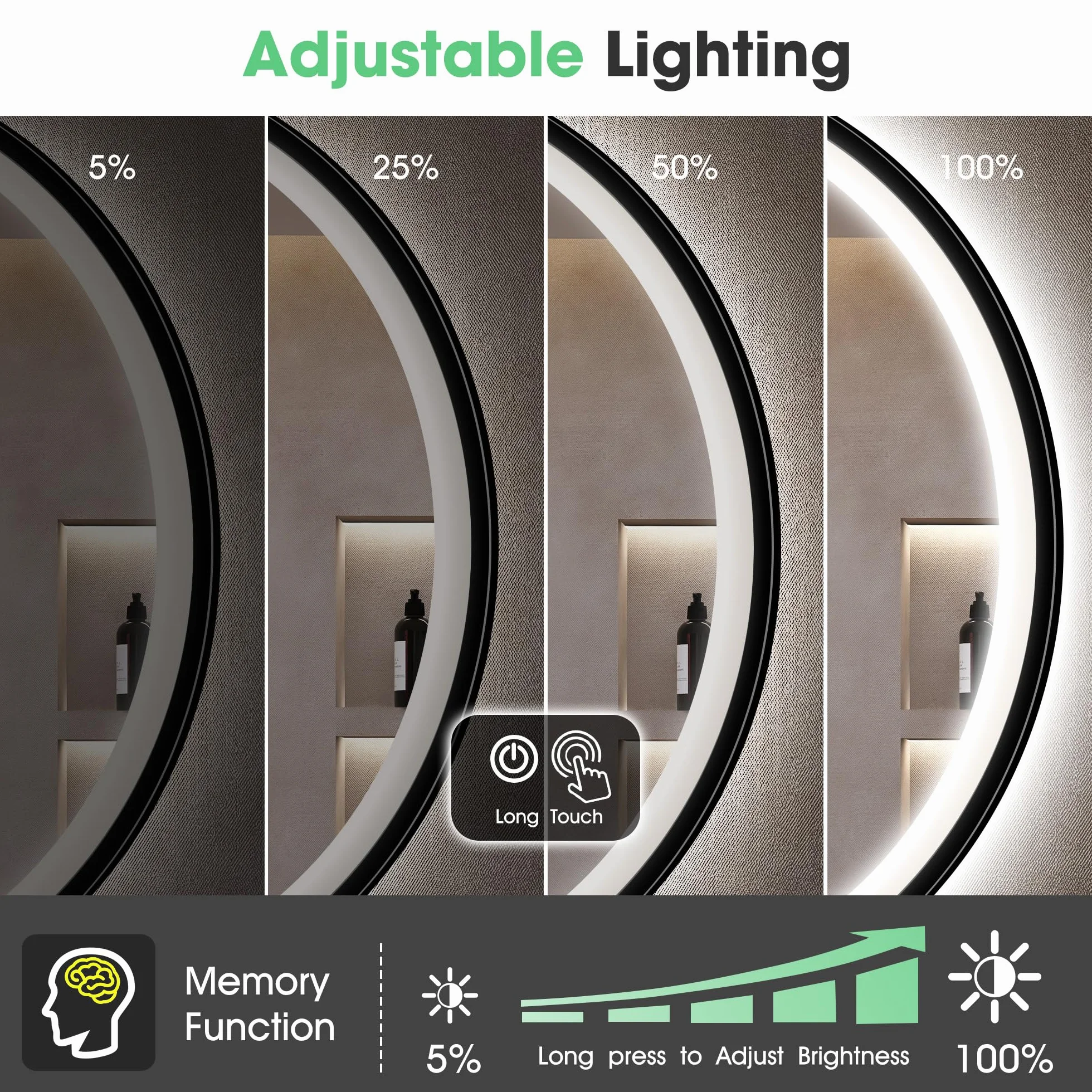 S'bagno Redondo-Espejo-Baño-con-Luz 80CM, Espejo-Baño-LED-con-Bluetooth, Antivaho, 3 Colores de Luces, Regulable, Memoria Luz, IP44, Vidrio Templado, Marco Hierro Negro