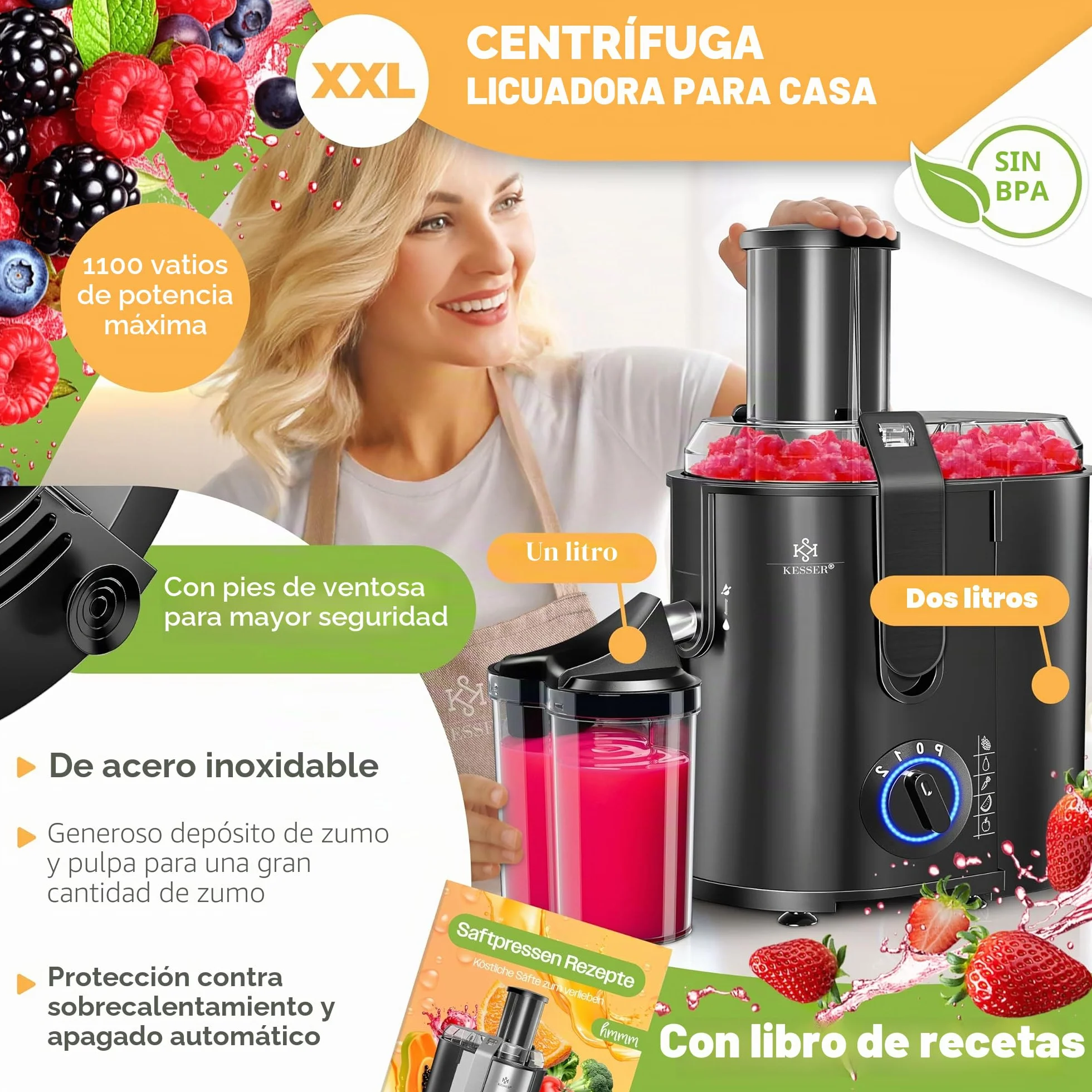 KESSER Exprimidor acero inoxidable 1100W, abertura 85 mm, 3 velocidades, Negro
