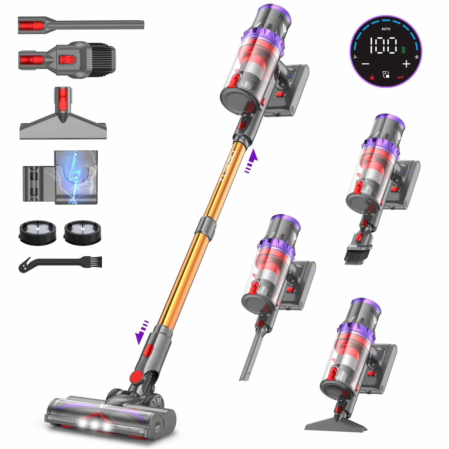 coovy SU7 Aspiradora sin Cable 580W/55Kpa/75Mins, Aspirador Escoba Vertical Potente con Pantalla Táctile LED, Antienredo y Modo Automático para Suelo Alfombras y Pelos de Animales