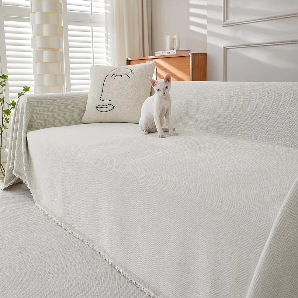 Highdi Funda de Sofá de Chenilla Manta Cubre Sofa Grande para 1 2 3 4 Plazas, Color sólido Mantas Cómoda Cubrecama Protector Sofa Universal para Gatos y Perros Arañazo (180x460cm,Crema)
