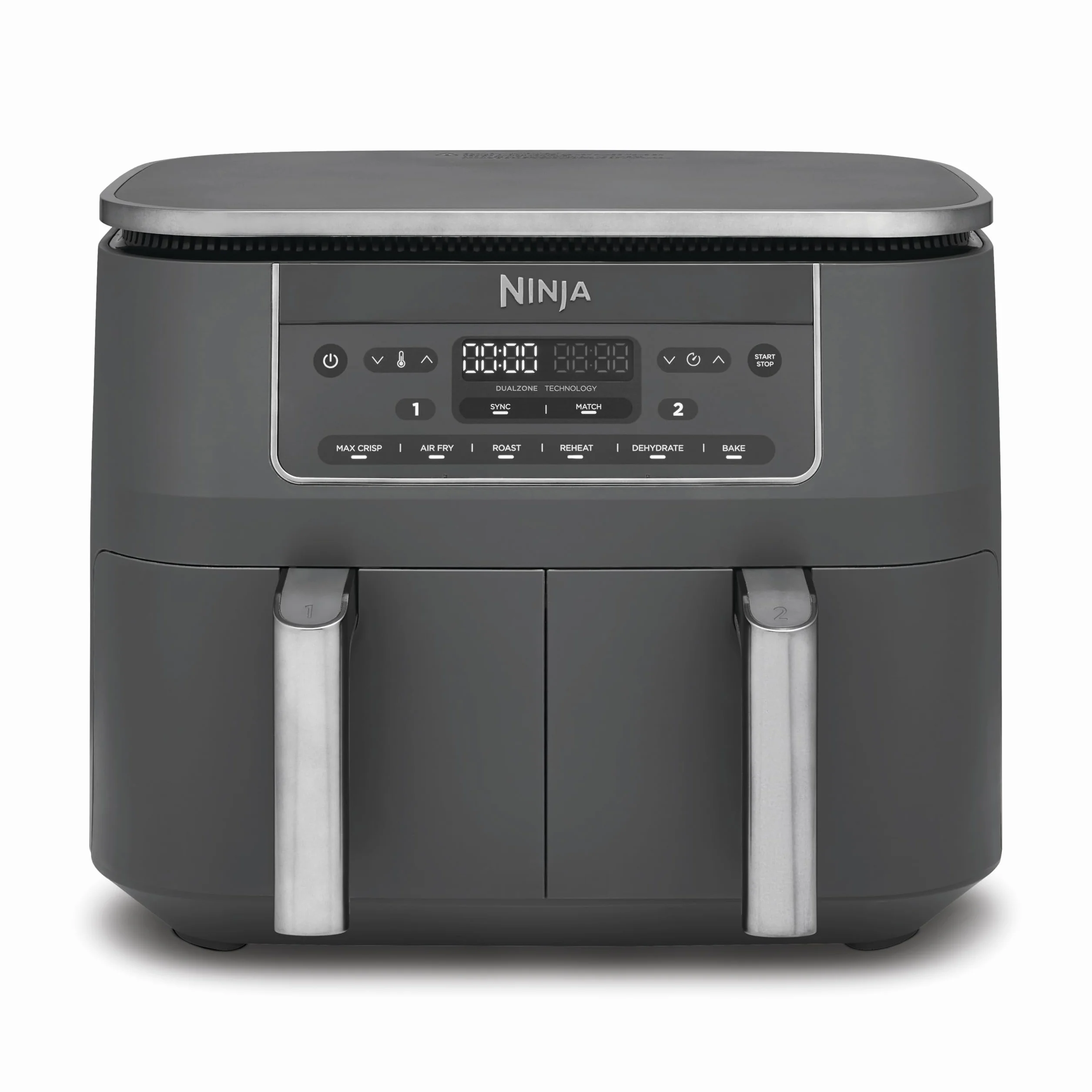 Ninja Freidora de aire con compartimento doble, 2 cajones, 7,6 l, 6 en 1, sin aceite, fríe con aire, gratina, asa, hornea, recalienta, deshidrata, cestas antiadherentes, gris metalizado DZ300EU