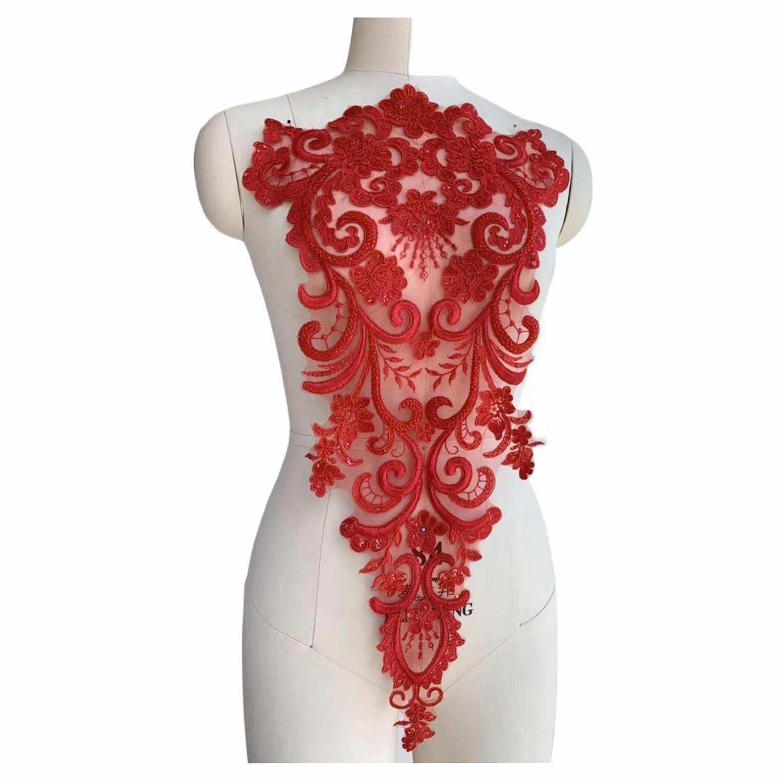 Apliques de encaje bordado con cuentas, parche de encaje con cuentas de 32x60cm, apliques de vestido de novia bordados(Red beads 1 piece)