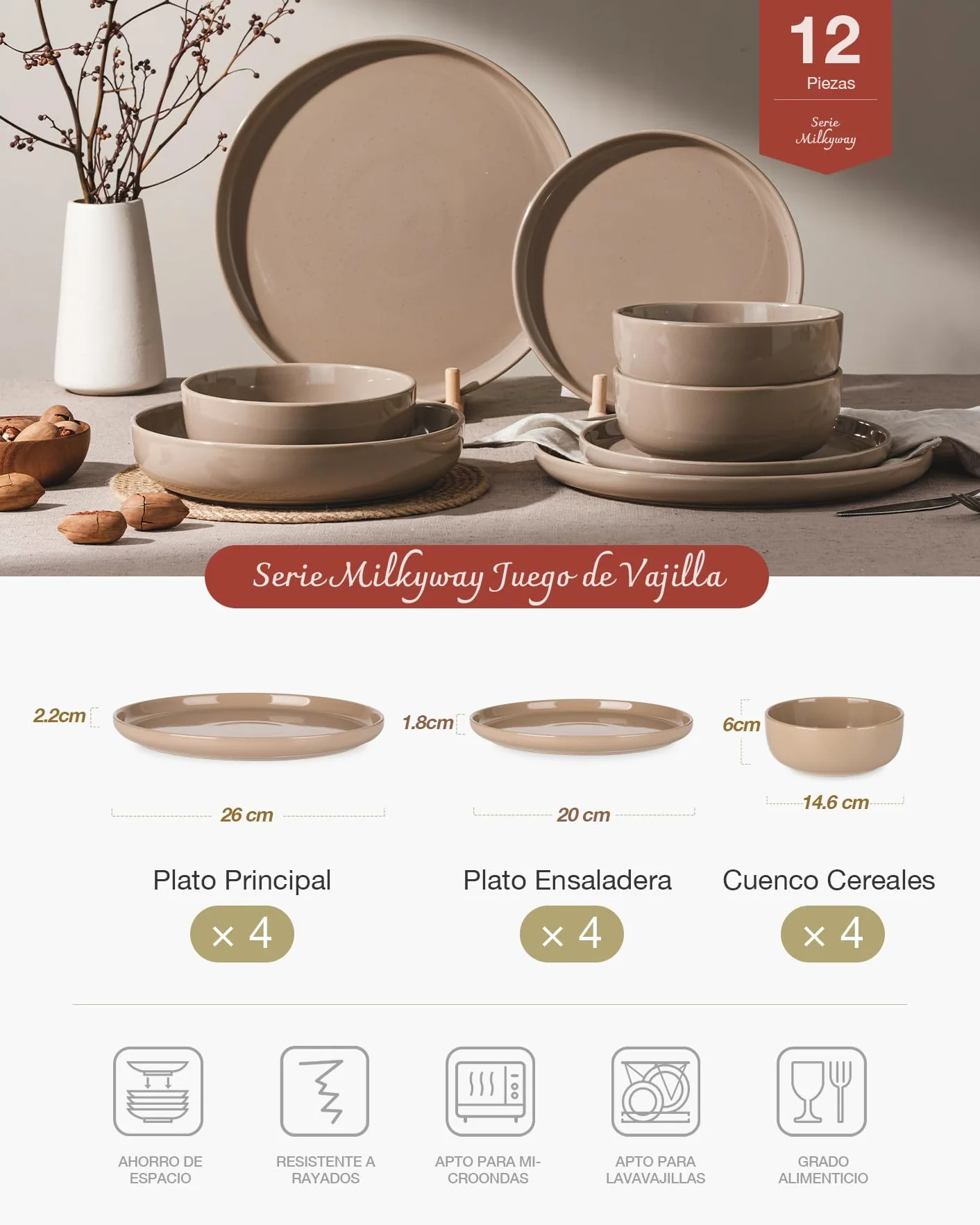 Richmount Milkyway vajilla de 12 piezas, platos y cuencos, canela marrón | Juego de vajilla de cerámica con platos llanos, platos de postre y cuencos para desayuno, apto para microondas y lavavajillas
