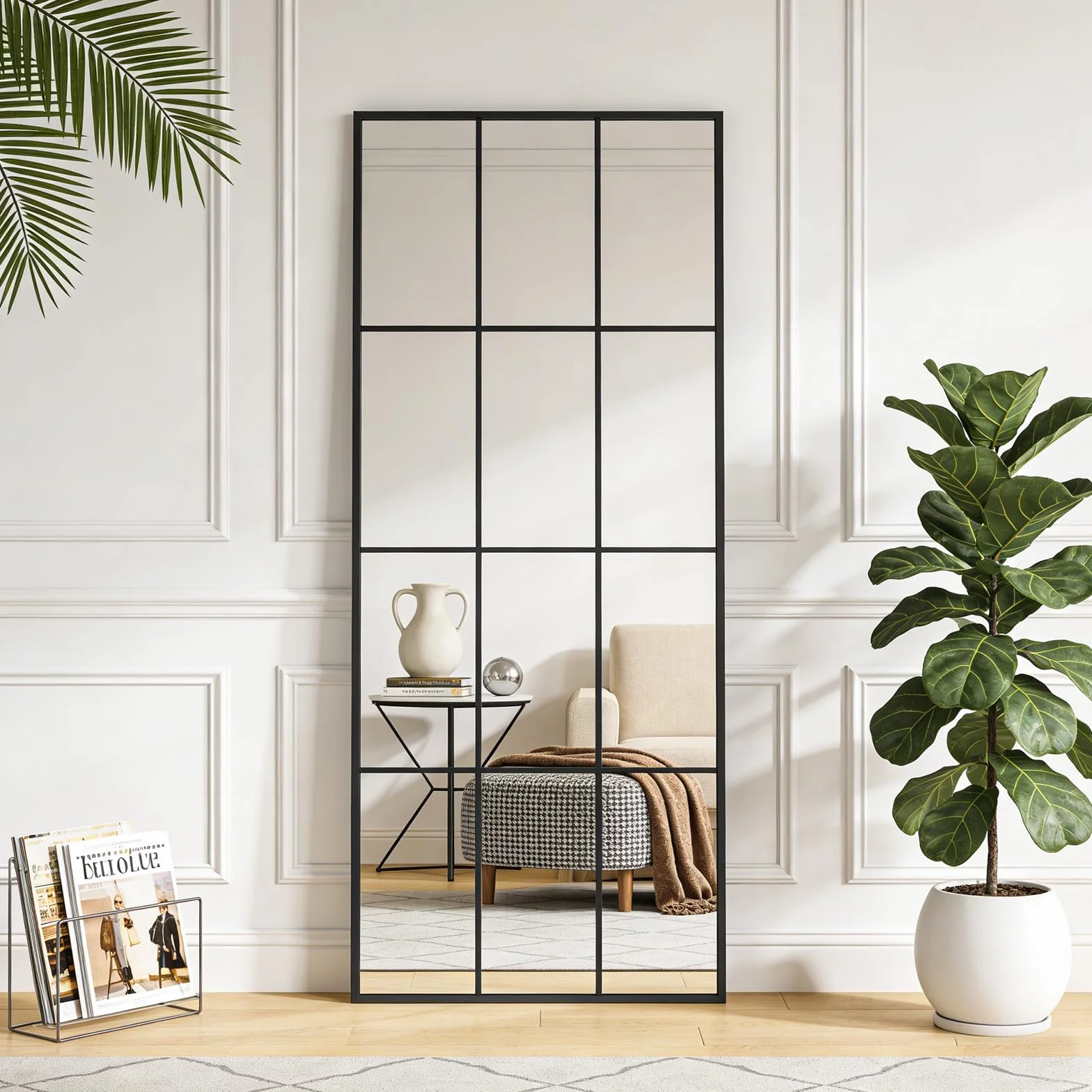 Espejo Ventana de Cuerpo Entero Rectangular, Espejo para Dormitorio y Armario, para Colocar en el Suelo o Fijar en la Pared - Negro, 175x63cm | 69" L x 25" W