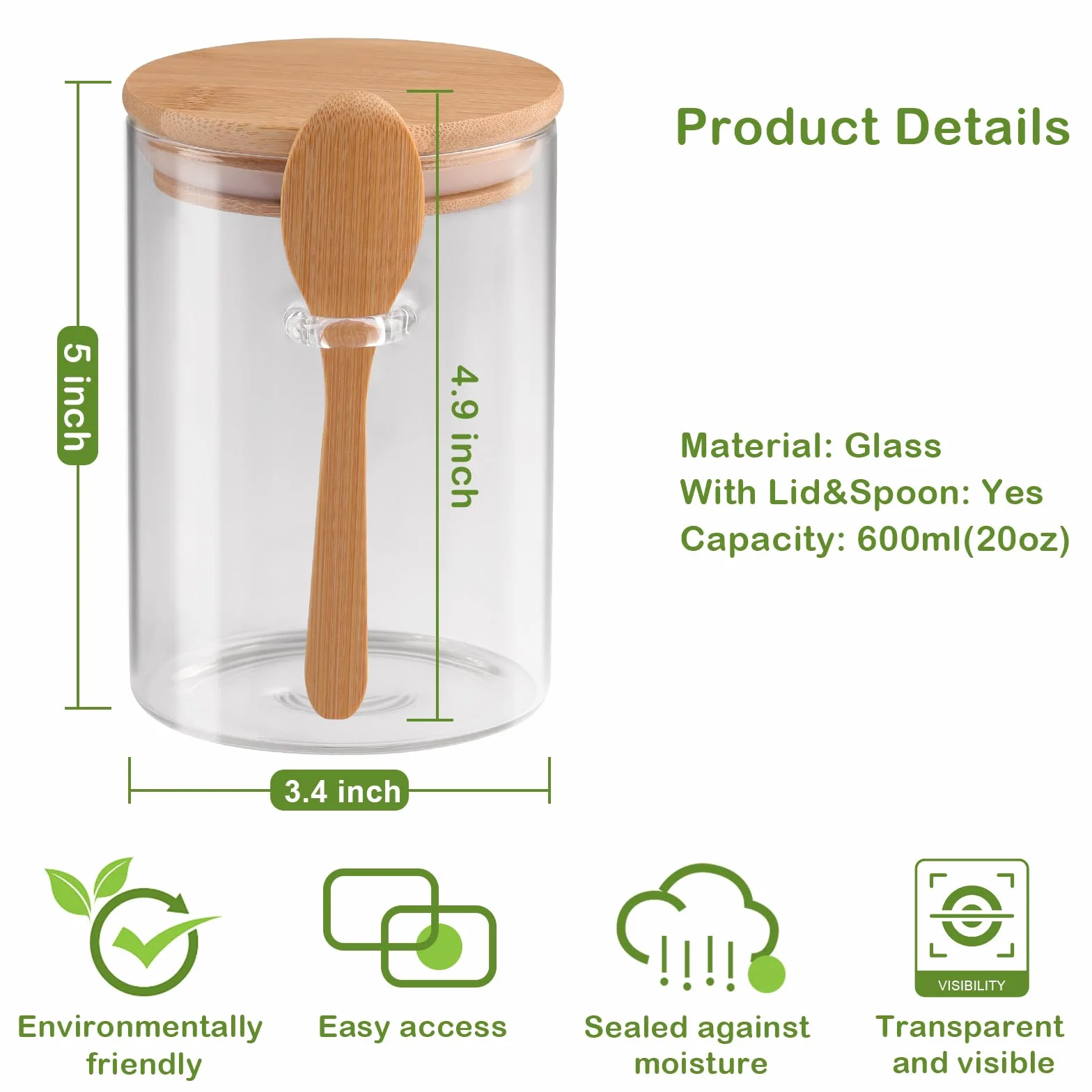 3 tarros de vidrio transparente de 20 onzas con tapas y cucharas herméticas de bambú, recipientes de almacenamiento de alimentos para productos secos, sales de baño, jabones