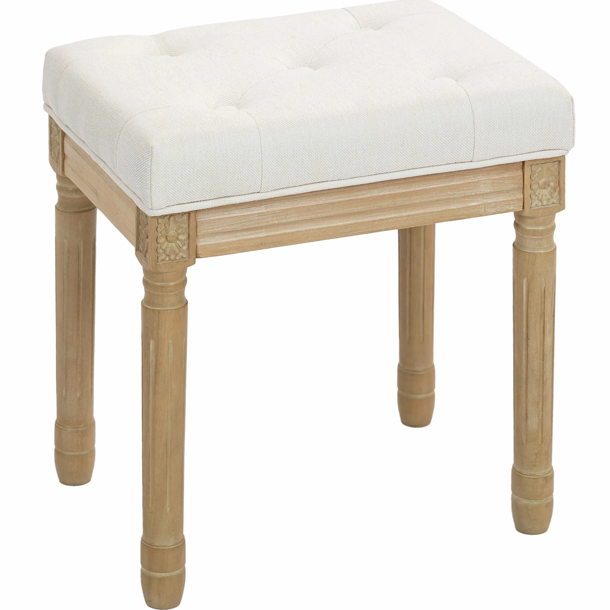 HOMCOM Reposapiés Salón Rústico Tapizado para Dormitorio Sofá Beige | Taburete Bajo, Lino Sintético, Patas Talladas de Madera, Otomana