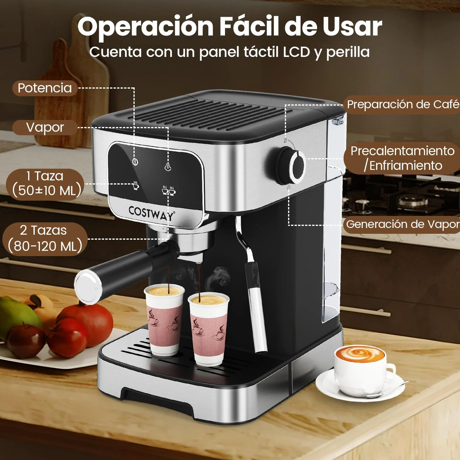 COSTWAY Cafetera Espresso 1200w, Presión de 20 Bares, Maquina de Cafe con Depósito de Agua Extraíble de 1,8 L, Espumador de Leche a Vapor, Coffee Machine para Baristas Cappuccino Macchiato