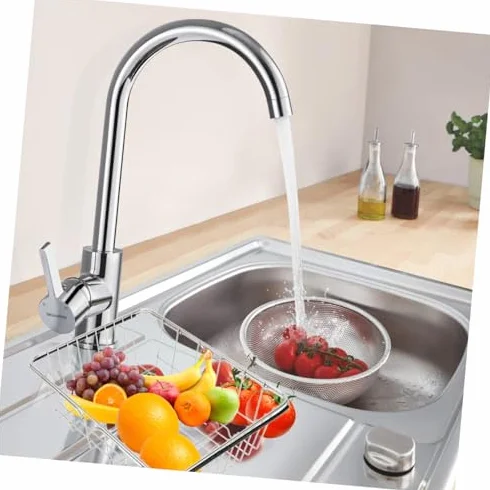 Escurridor de fregadero de acero inoxidable con función de drenaje, resistente al óxido, ahorra espacio para cocina, vajilla multifuncional, accesorio de cocina, limpiador para fregadero y encimera