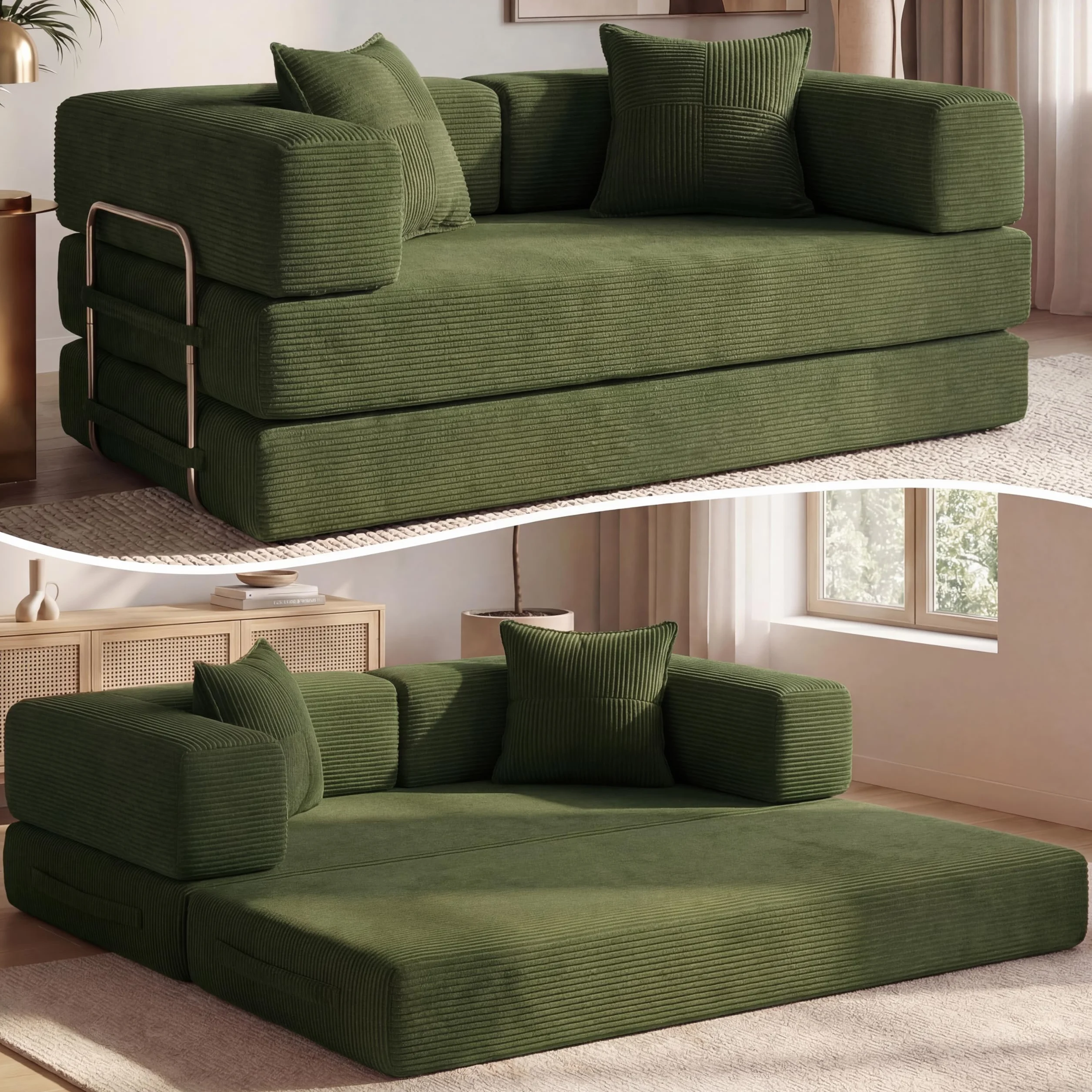 Vipbear Sofá Cama Pana 200×100×70 cm, sofá de Suelo transformable 5 en 1, Espuma de Alta Densidad, Apto para Mascotas y ergonómico, sin Montaje, Verde