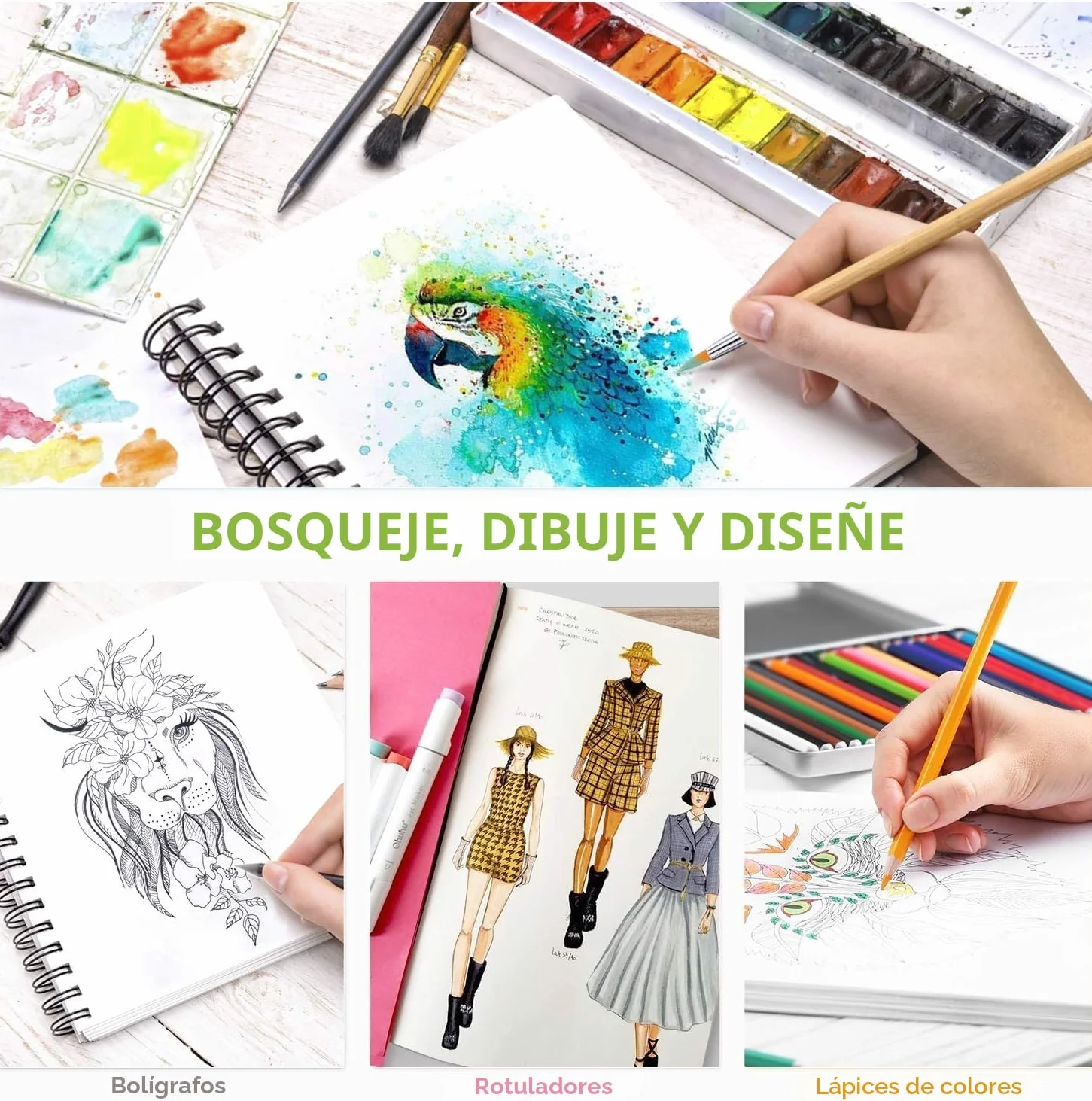 Ohuhu Cuaderno de Dibujo 200g/m² Tapa Dura Encuadernado en Espiral 225mm x 210mm 124 páginas
