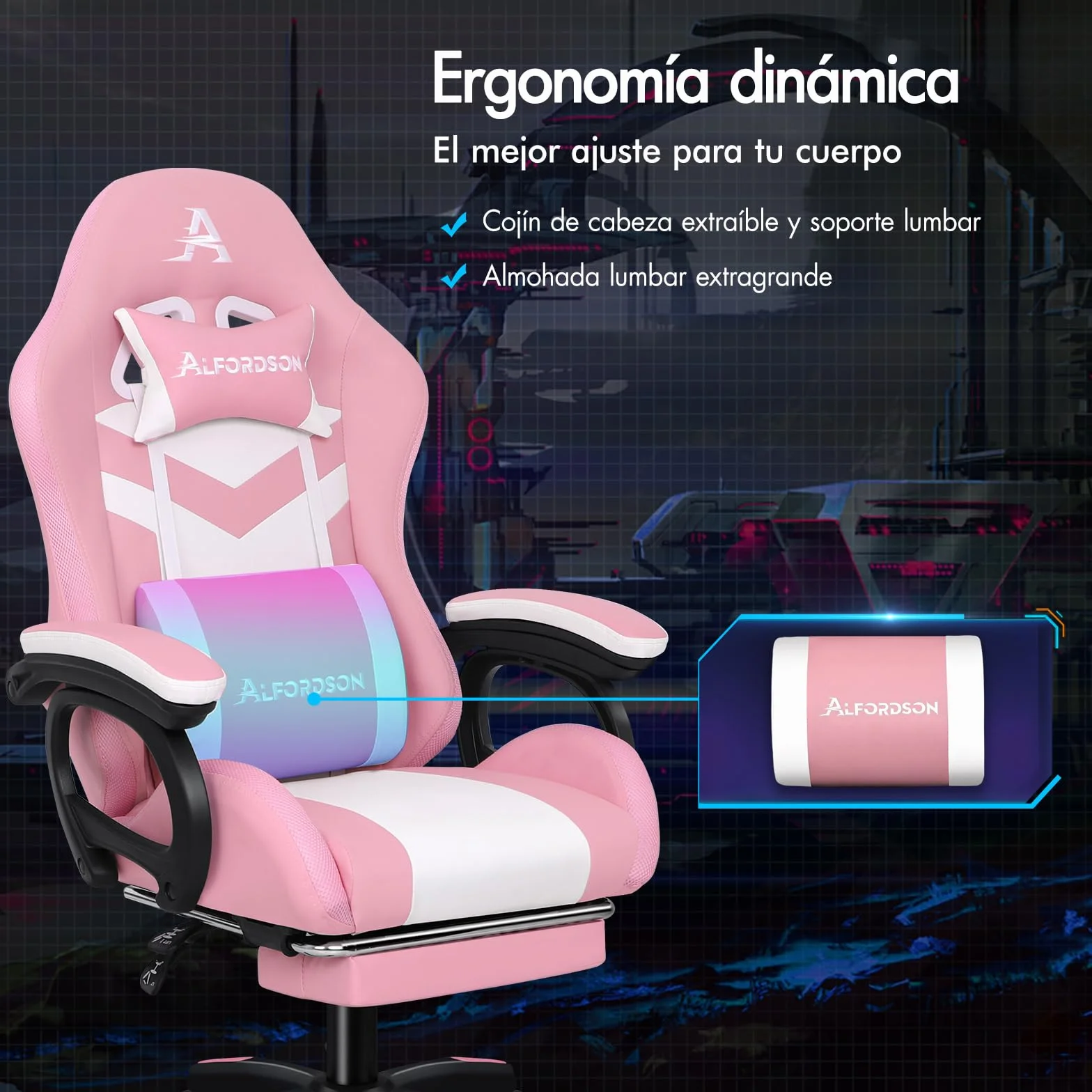 ALFORDSON Silla Gaming con Masaje y LED, Silla Gamer Ergonómica con Cojín Lumbar y Cervical, Reposapiés Telescópico, Iluminación para Ordenador, Videojuego, Juegos, Oficina, Cuero PU(Rosa)