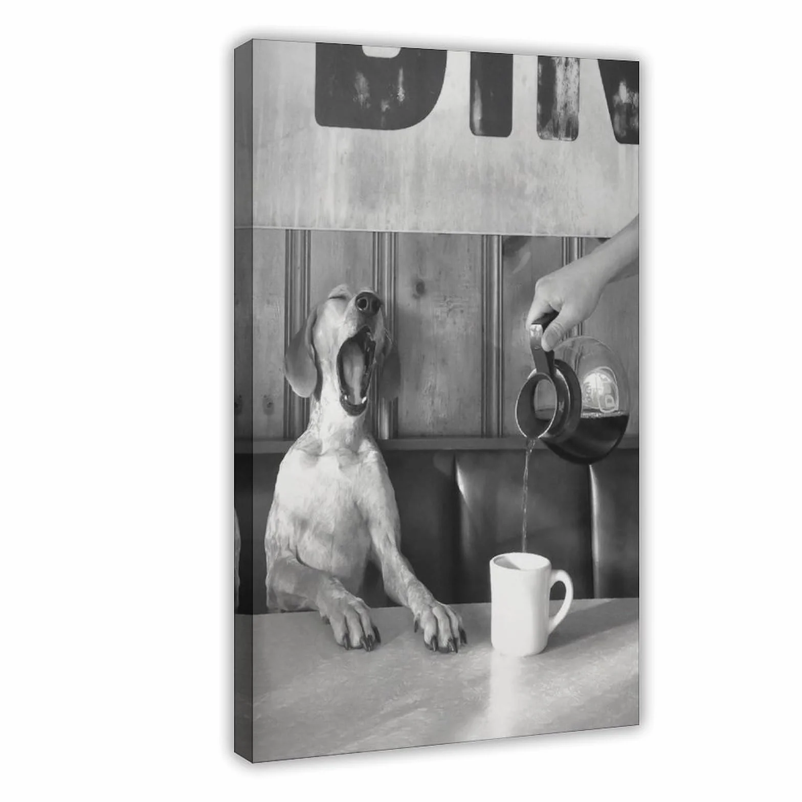 Póster de lienzo retro en blanco y negro con diseño de perro bebiendo café, decoración de dormitorio, paisaje, oficina, habitación, regalo, 40 x 60 cm