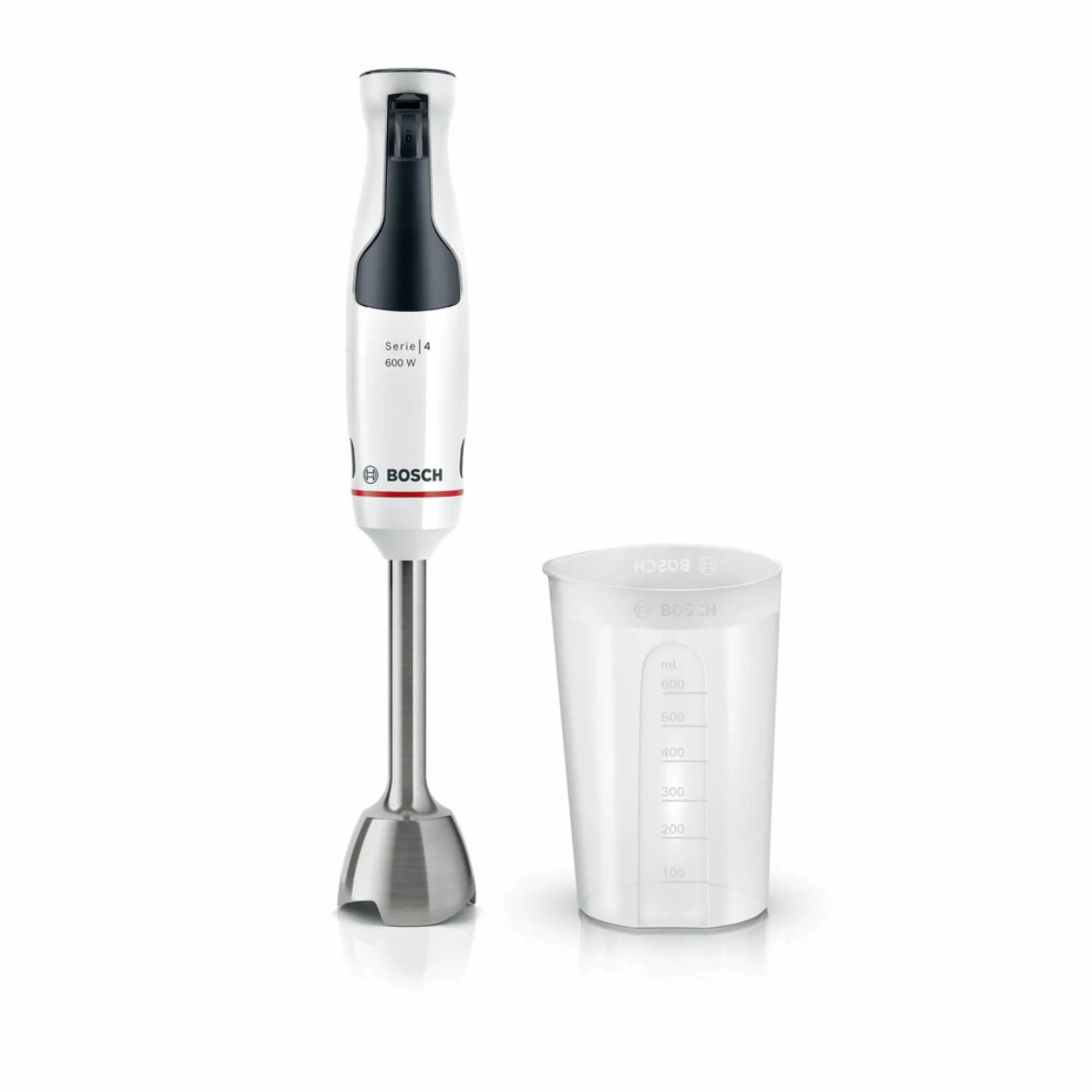 Bosch - Batidora de mano ErgoMaster Serie 4, 600 W, Control de velocidad dinámico, QuattroBlade, Vaso mezclador incluido, Blanco, MSM4W210