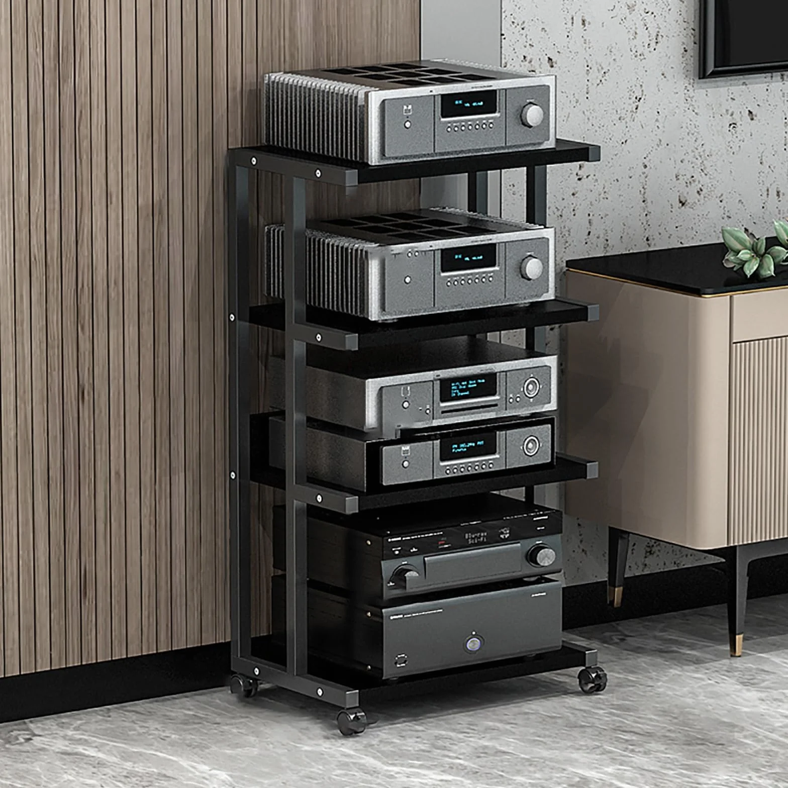 Estante de Almacenamiento de Componentes Estéreo,Tocadiscos de Vinilo Stand,Gabinete de Audio HiFi de 1/2/3/4 Capas,Estantes for Amplificadores de Parlantes,para Estudios de Grabación.(Nero,50x40x94cm