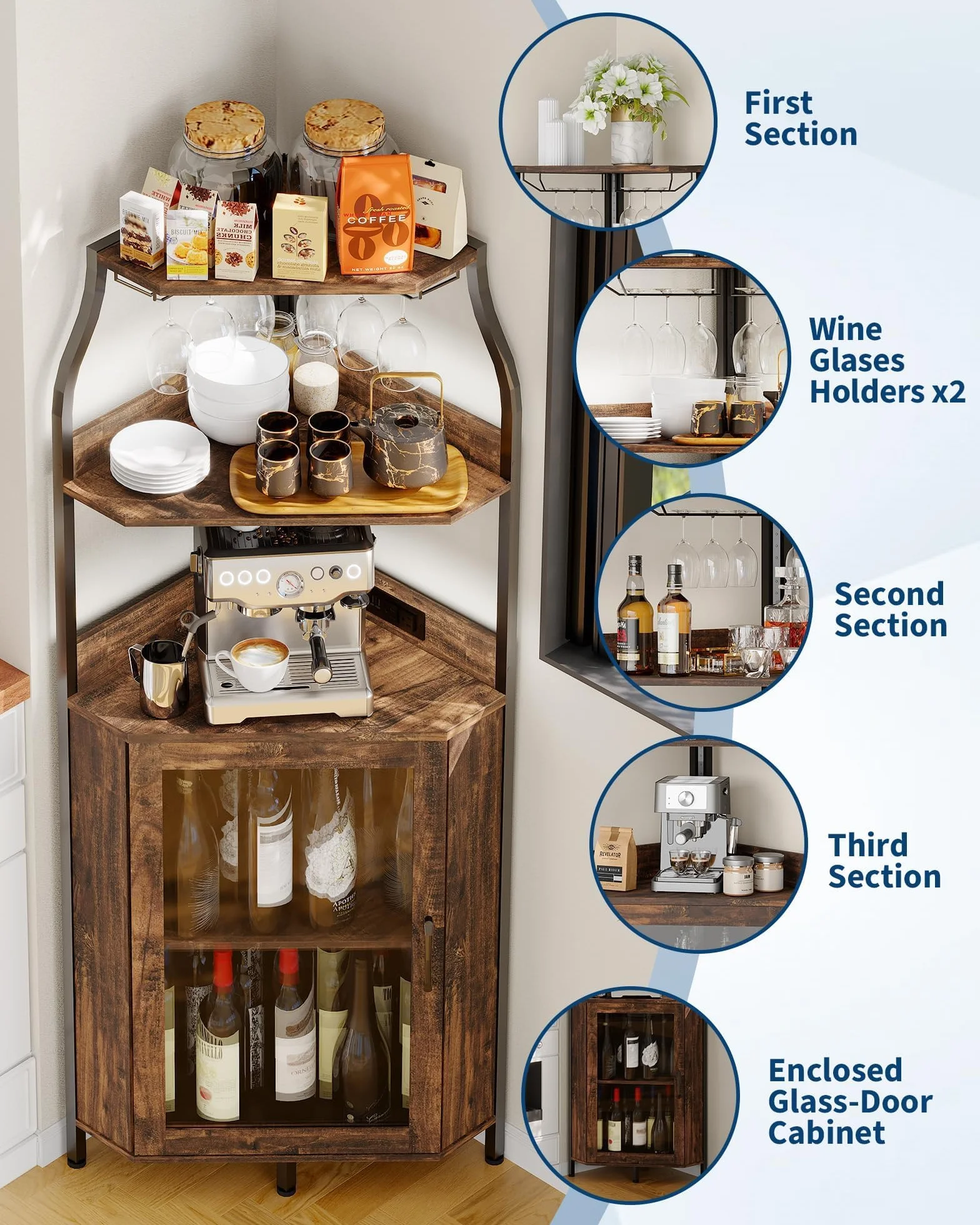 Armario de Vino Esquinero con Luces LED, Mueble Bar Industrial de 5 Niveles, Toma de carga lateral, Puerta de vidrio, estantes ajustables y soporte para copas, ideal para salón o comedor, Marrón