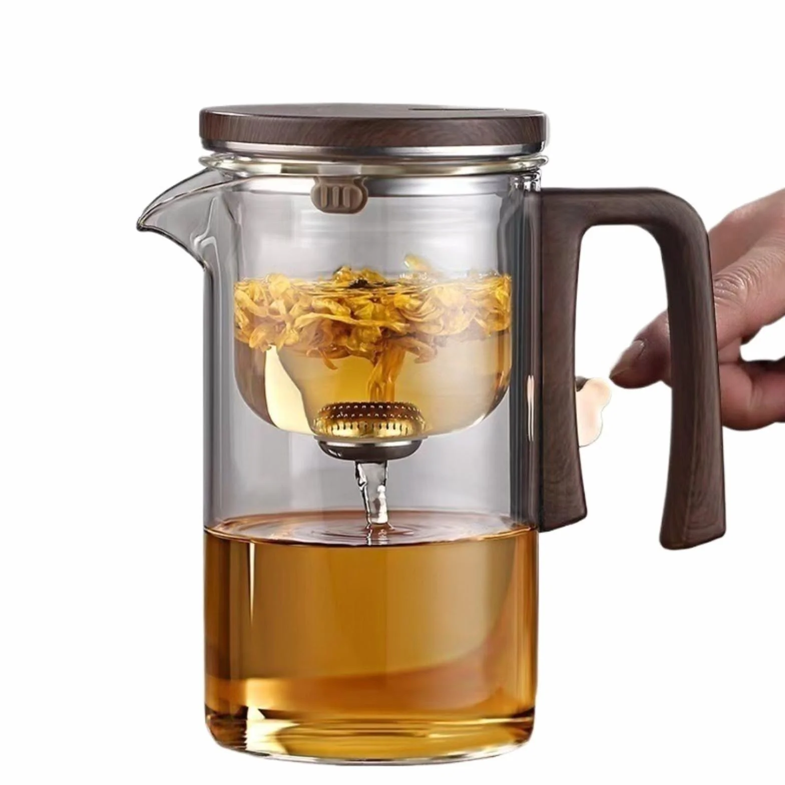 Tetera mágica de cristal con mango de madera, tetera mágica Enchanti para té de hojas sueltas, diseño elegante para los amantes del té
