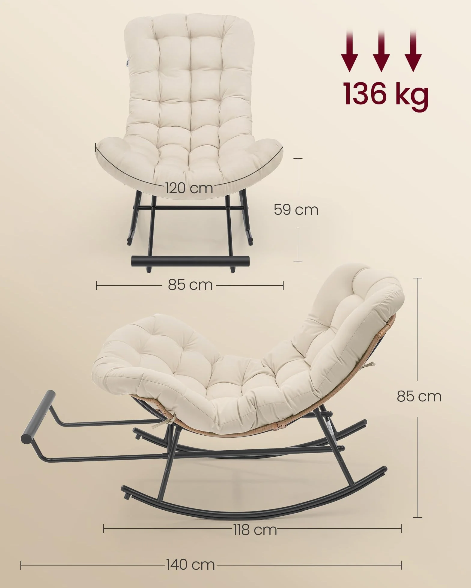 VASAGLE Silla Mecedora, Mecedora con Marco de Acero, Reposapiés Extraíble, Cojín Extraíble, Carga de 136 kg, Dormitorio, Sala de Estar, Terraza, Jardín, Beige LYY062WZ01