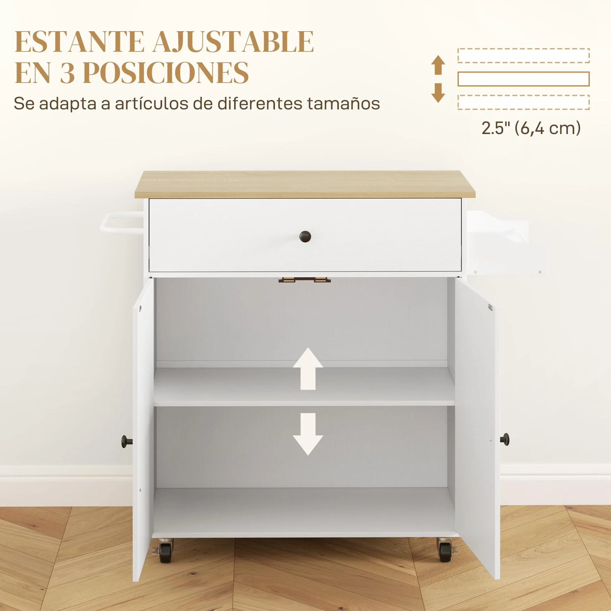 HOMCOM Isla de Cocina con ala Abatible Carrito de Cocina Mueble Auxiliar de Cocina con Ruedas 2 Puertas Cajón Especiero Toallero y Estante Ajustable 106x42x87 cm Blanco y Roble